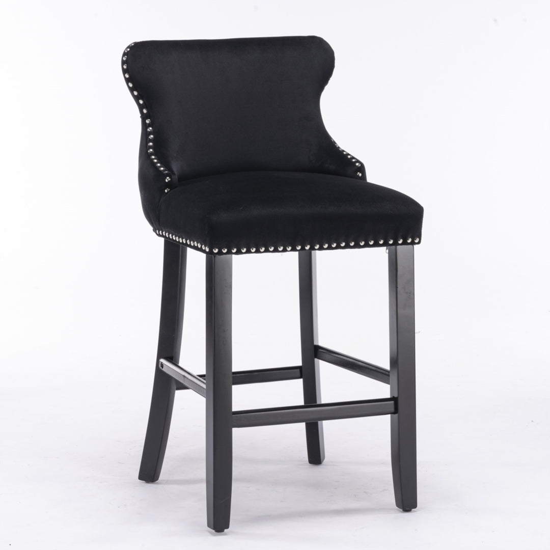 2x Velvet Upholstered Button Tufted Bar Stools with Wood Legs and Studs-Black - Cosy Abode