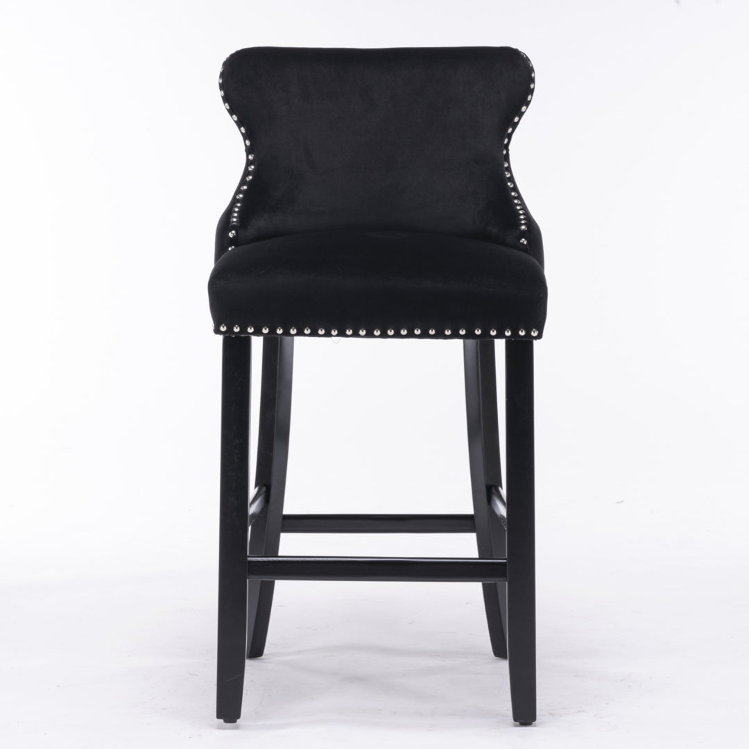 2x Velvet Upholstered Button Tufted Bar Stools with Wood Legs and Studs-Black - Cosy Abode