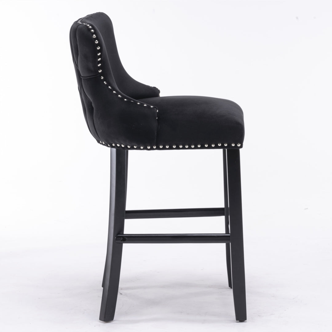 2x Velvet Upholstered Button Tufted Bar Stools with Wood Legs and Studs-Black - Cosy Abode