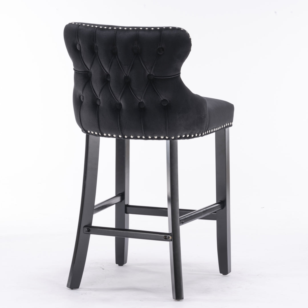 2x Velvet Upholstered Button Tufted Bar Stools with Wood Legs and Studs-Black - Cosy Abode