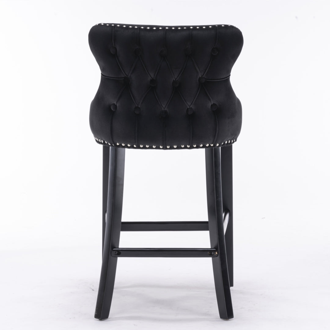 2x Velvet Upholstered Button Tufted Bar Stools with Wood Legs and Studs-Black - Cosy Abode