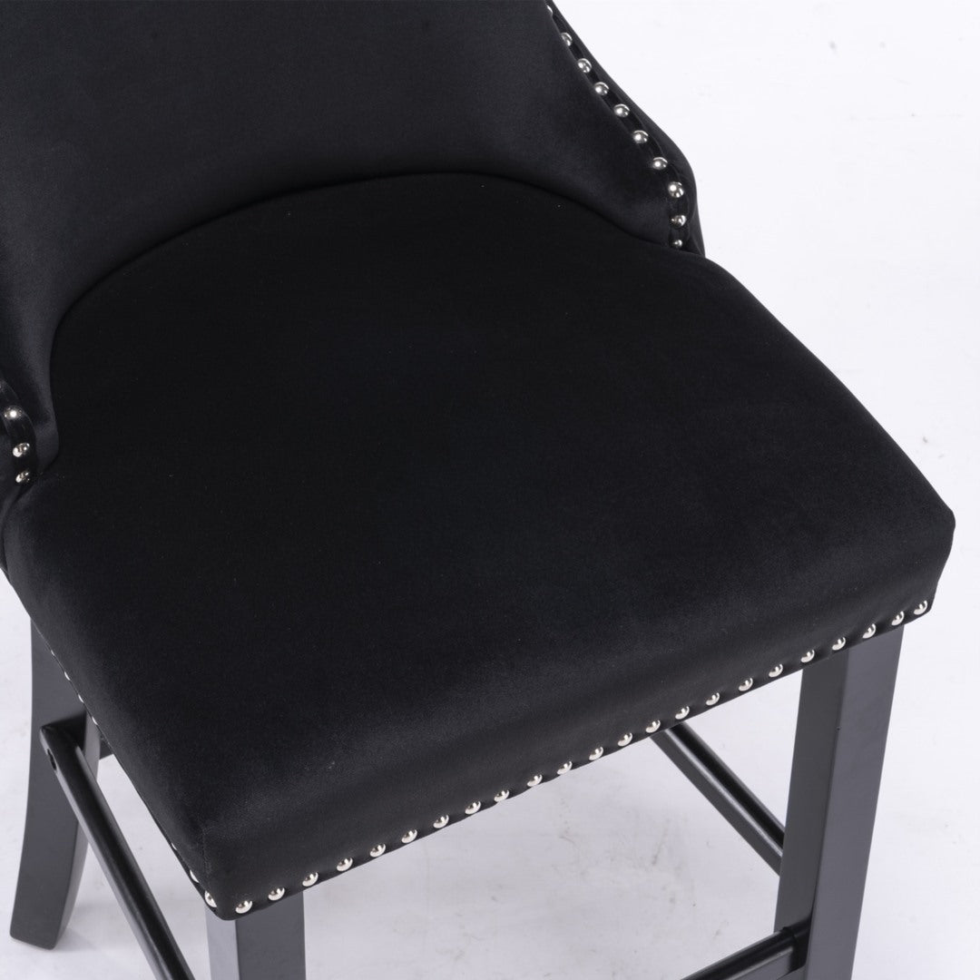 2x Velvet Upholstered Button Tufted Bar Stools with Wood Legs and Studs-Black - Cosy Abode