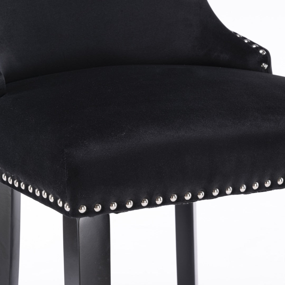 2x Velvet Upholstered Button Tufted Bar Stools with Wood Legs and Studs-Black - Cosy Abode