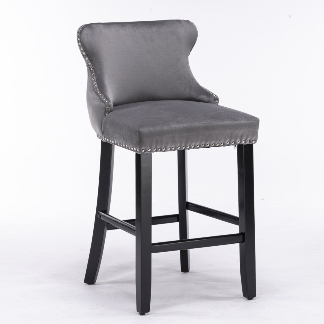 2x Velvet Upholstered Button Tufted Bar Stools with Wood Legs and Studs-Grey - Cosy Abode