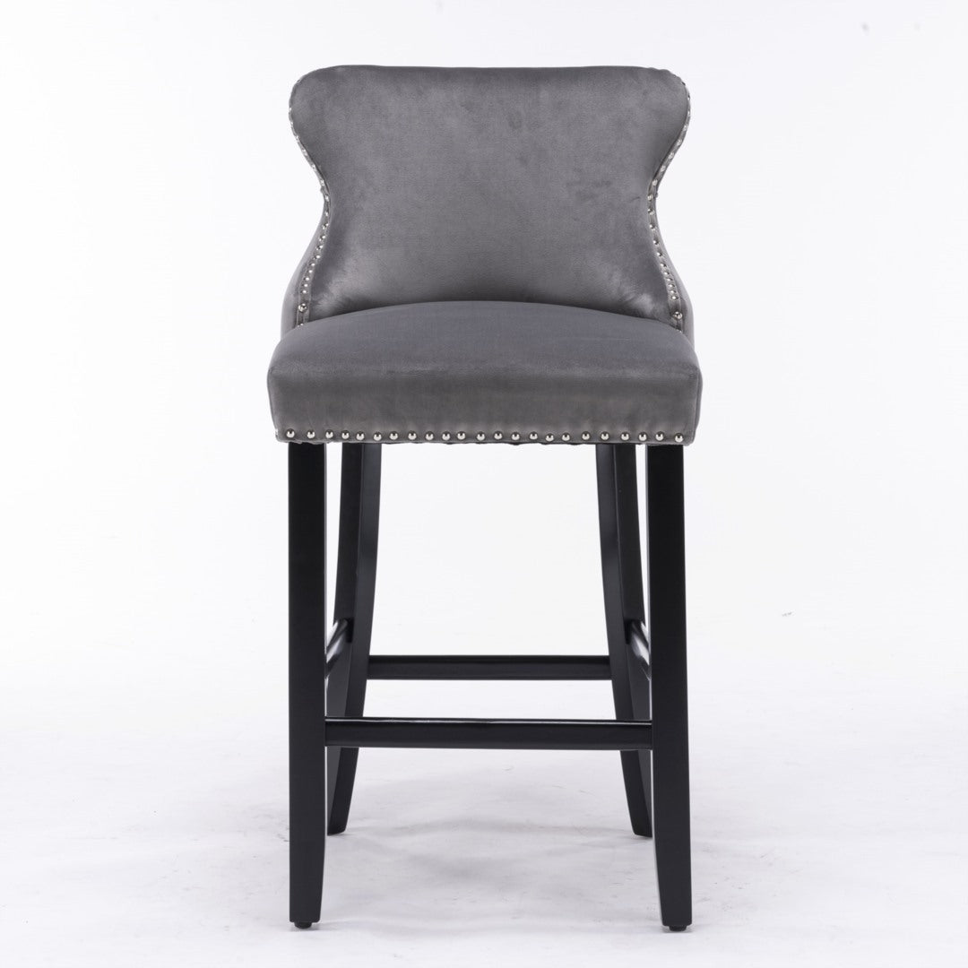 2x Velvet Upholstered Button Tufted Bar Stools with Wood Legs and Studs-Grey - Cosy Abode
