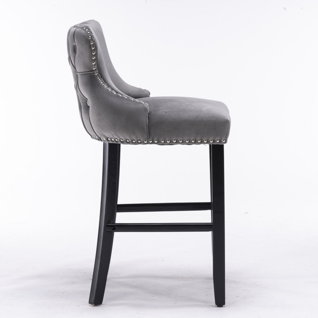 2x Velvet Upholstered Button Tufted Bar Stools with Wood Legs and Studs-Grey - Cosy Abode