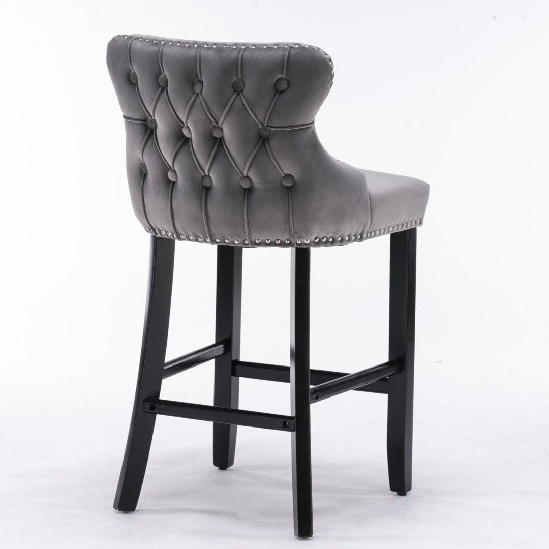 2x Velvet Upholstered Button Tufted Bar Stools with Wood Legs and Studs-Grey - Cosy Abode