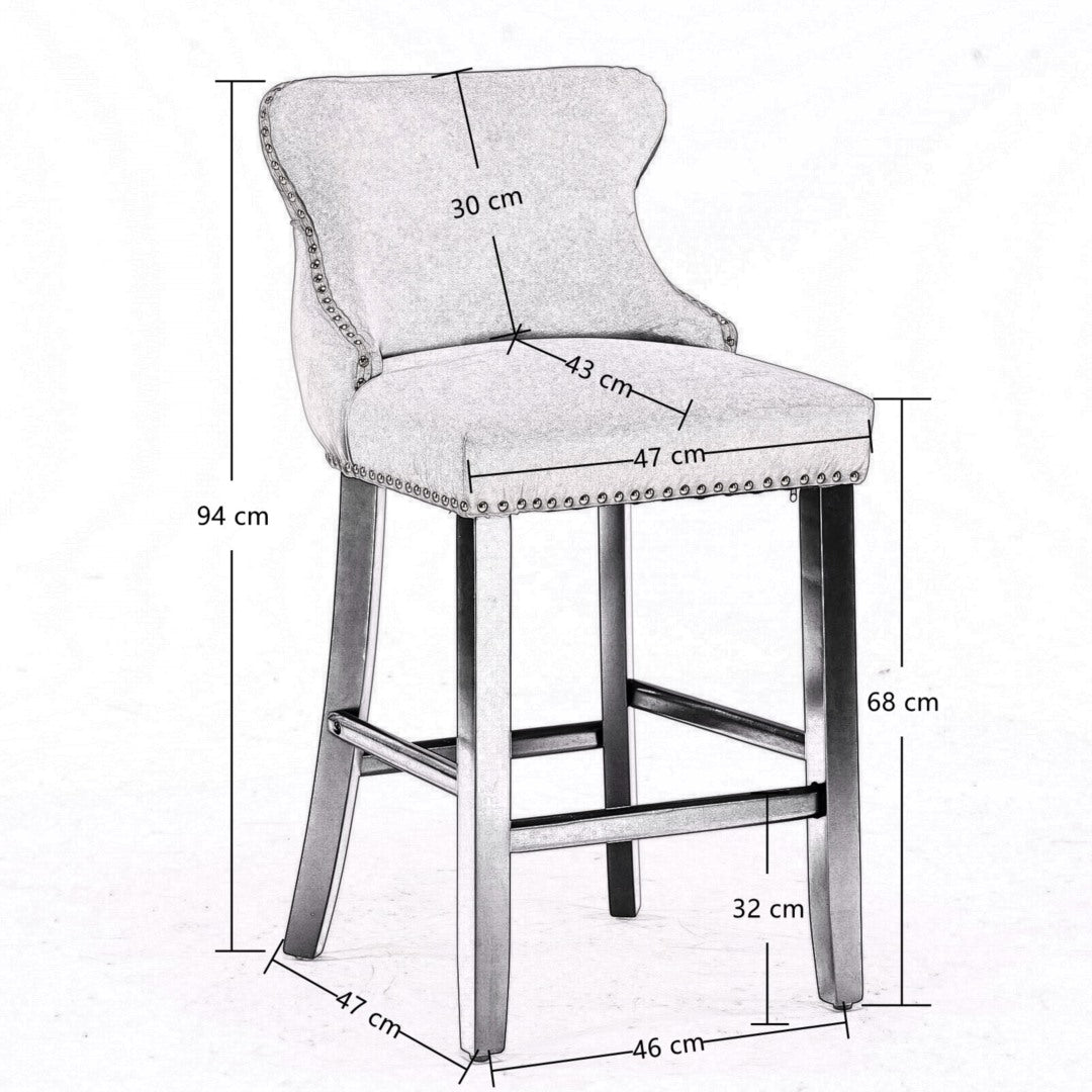2x Velvet Upholstered Button Tufted Bar Stools with Wood Legs and Studs-Grey - Cosy Abode