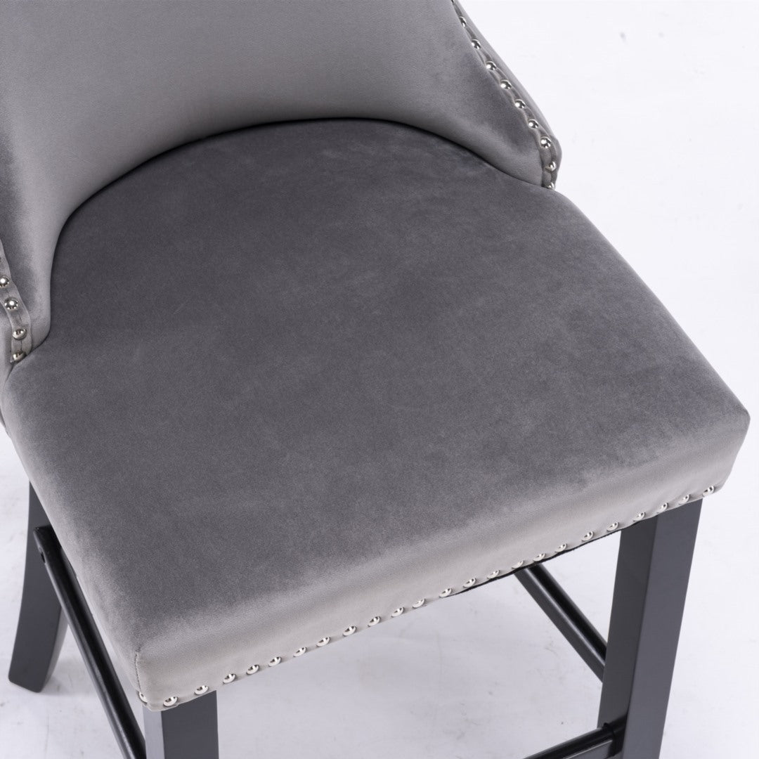 2x Velvet Upholstered Button Tufted Bar Stools with Wood Legs and Studs-Grey - Cosy Abode