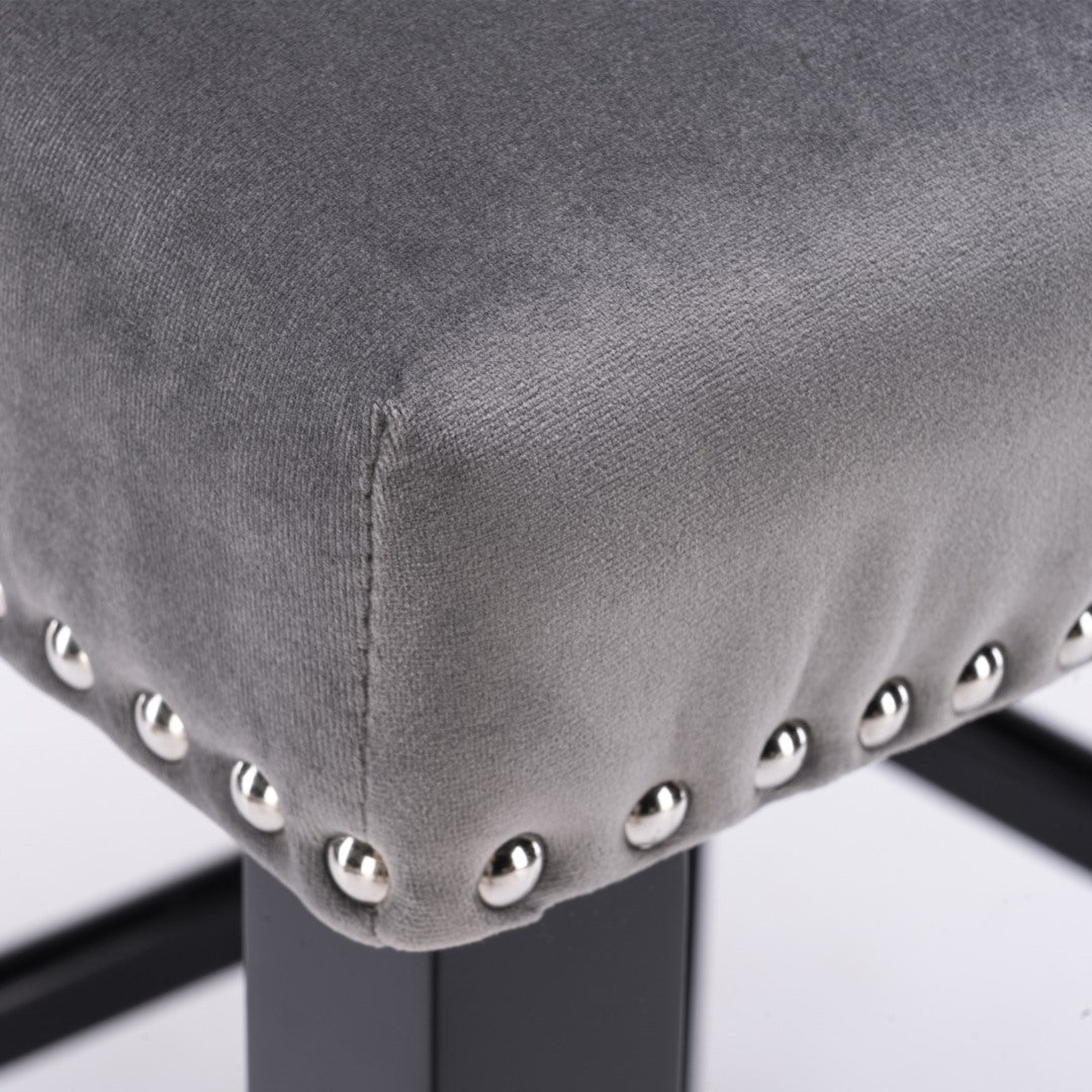 2x Velvet Upholstered Button Tufted Bar Stools with Wood Legs and Studs-Grey - Cosy Abode