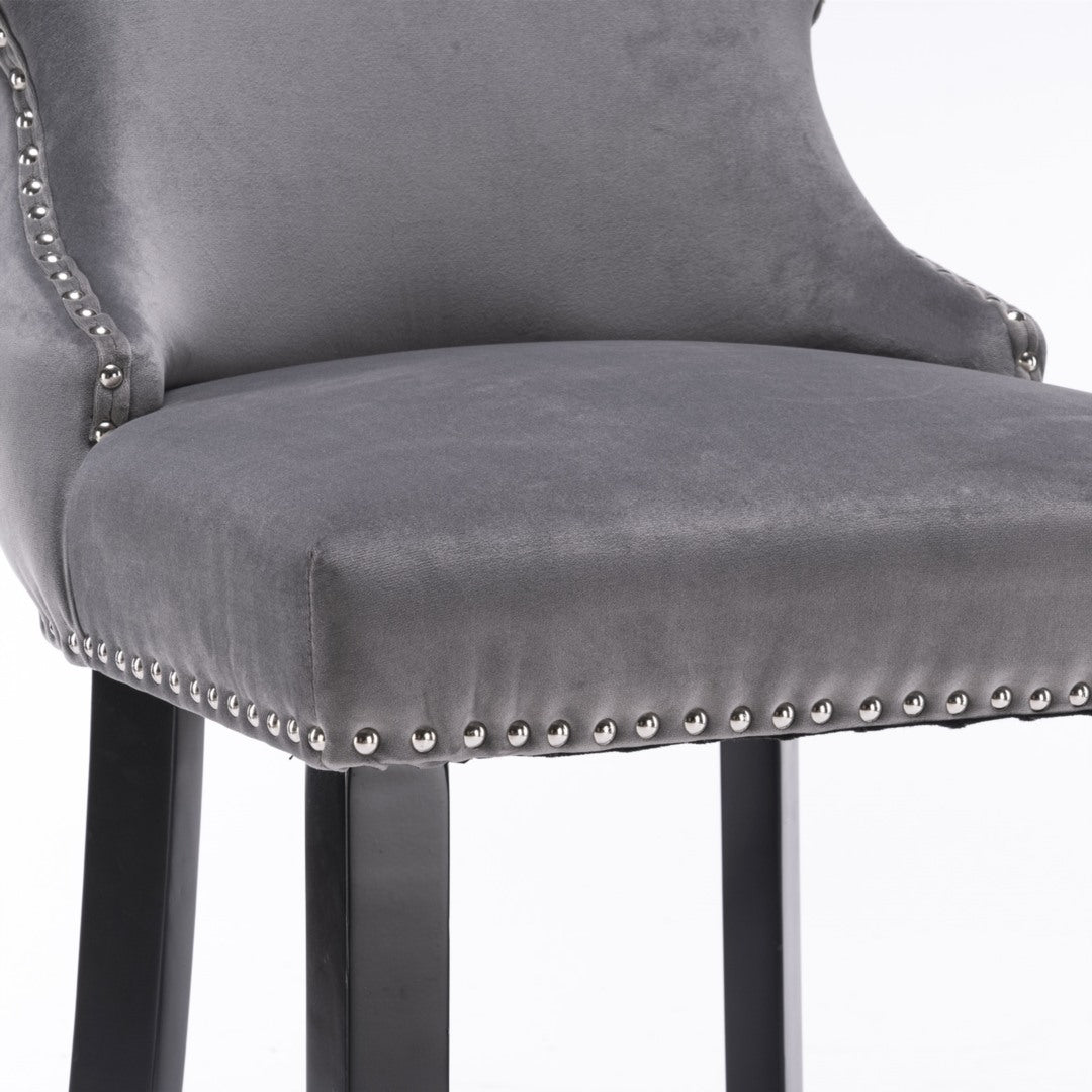 2x Velvet Upholstered Button Tufted Bar Stools with Wood Legs and Studs-Grey - Cosy Abode