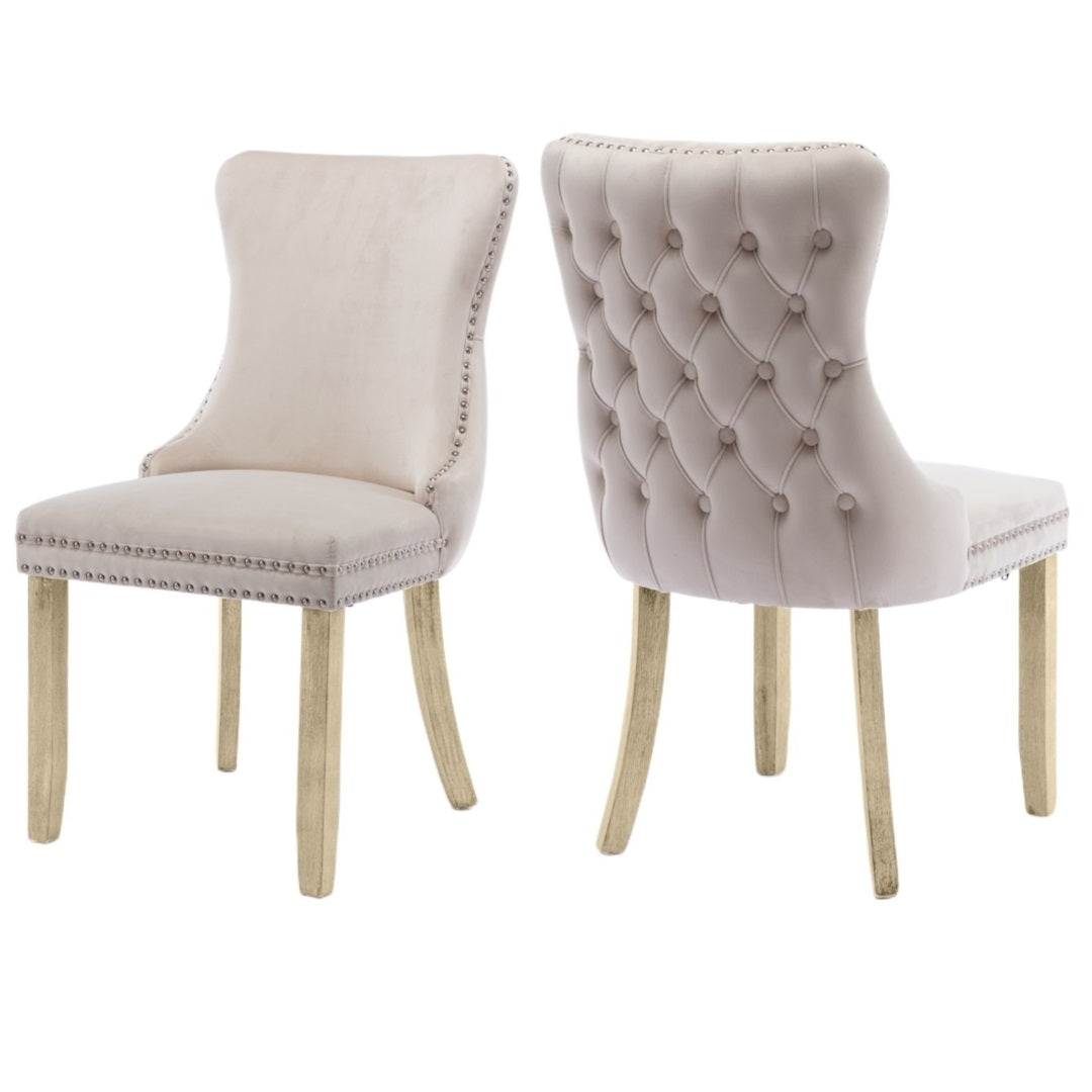 2x Velvet Upholstered Dining Chairs Tufted Wingback Side Chair with Studs Trim Solid Wood Legs for Kitchen - Cosy Abode