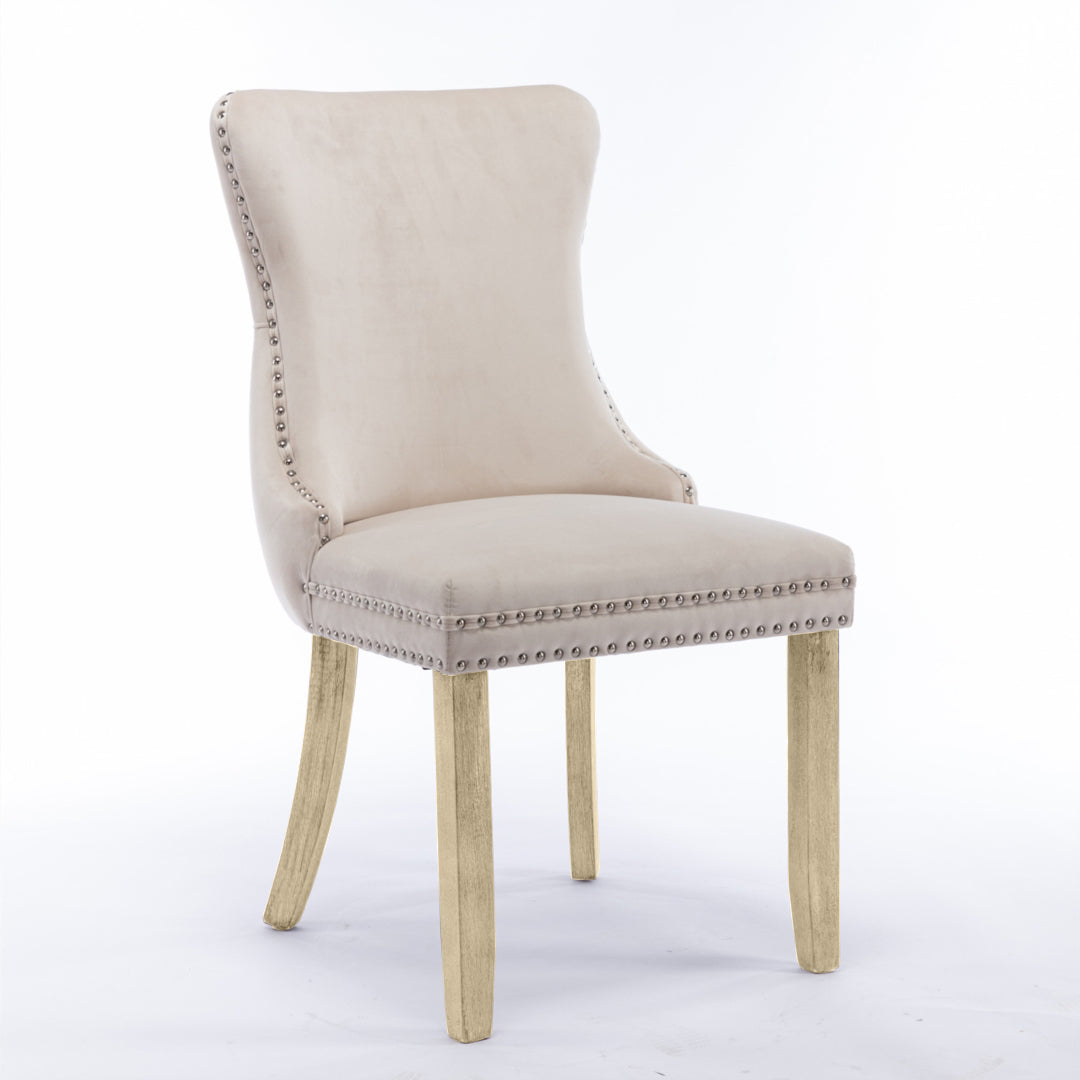 2x Velvet Upholstered Dining Chairs Tufted Wingback Side Chair with Studs Trim Solid Wood Legs for Kitchen - Cosy Abode