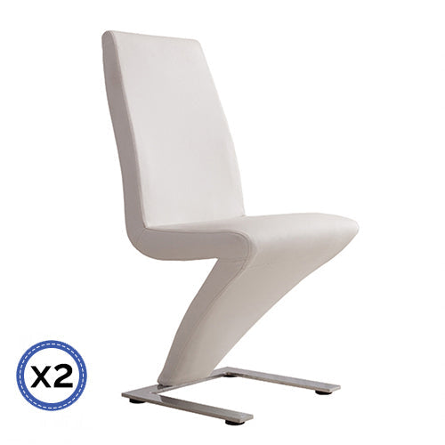 2x Z Shape White Leatherette Dining Chairs with Stainless Base - Cosy Abode
