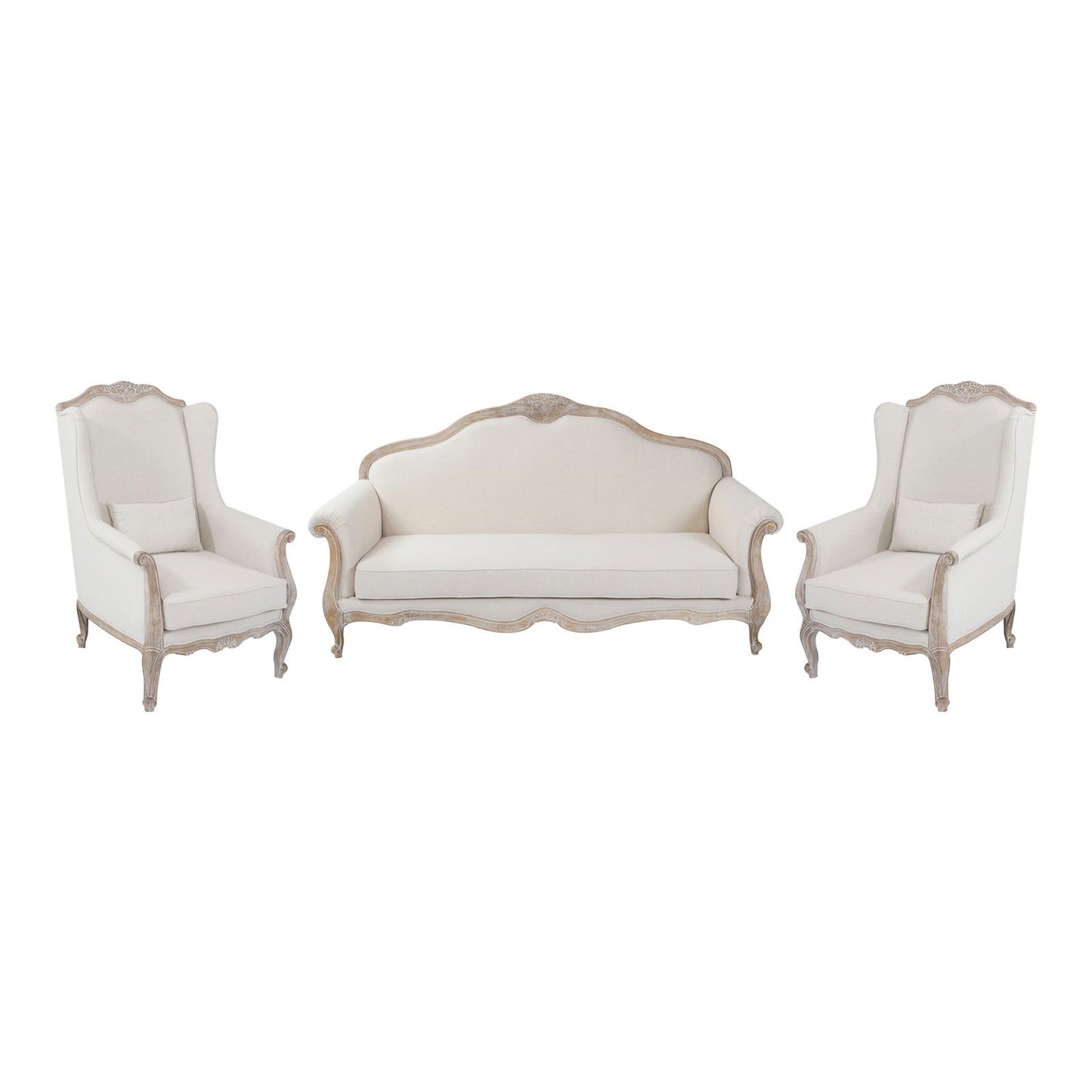 3S+2 XWing Chair Oak Wood White Washed Finish Rolled Armrest Linen Sofa Fabric - Cosy Abode