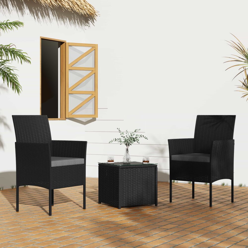 3 Pc Rattan Outdoor Furniture Set with Table - Black - Cosy Abode