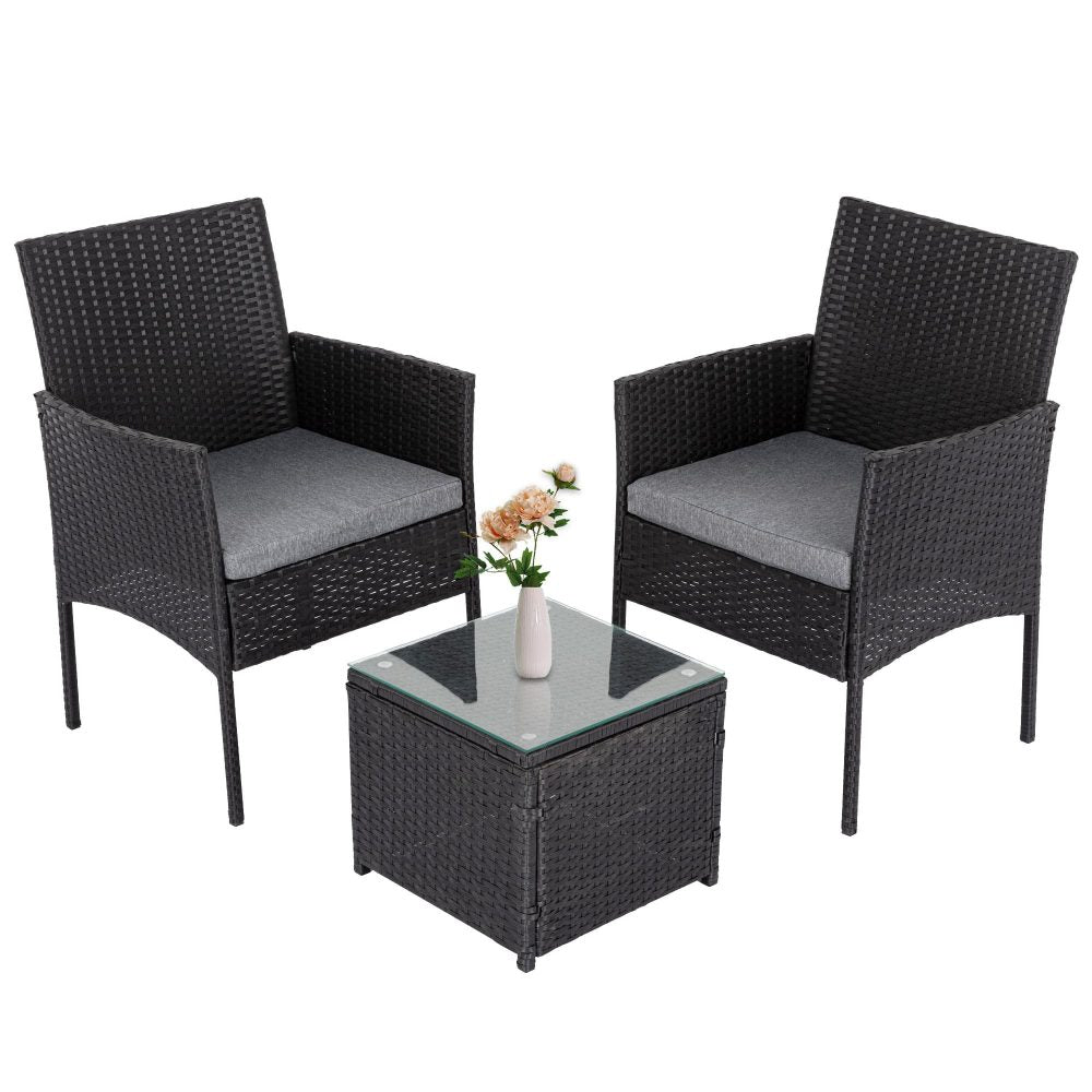 3 Pc Rattan Outdoor Furniture Set with Table - Black - Cosy Abode