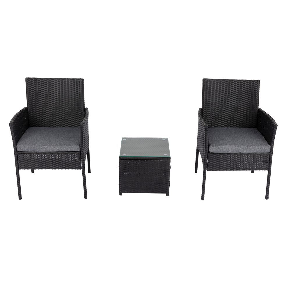 3 Pc Rattan Outdoor Furniture Set with Table - Black - Cosy Abode