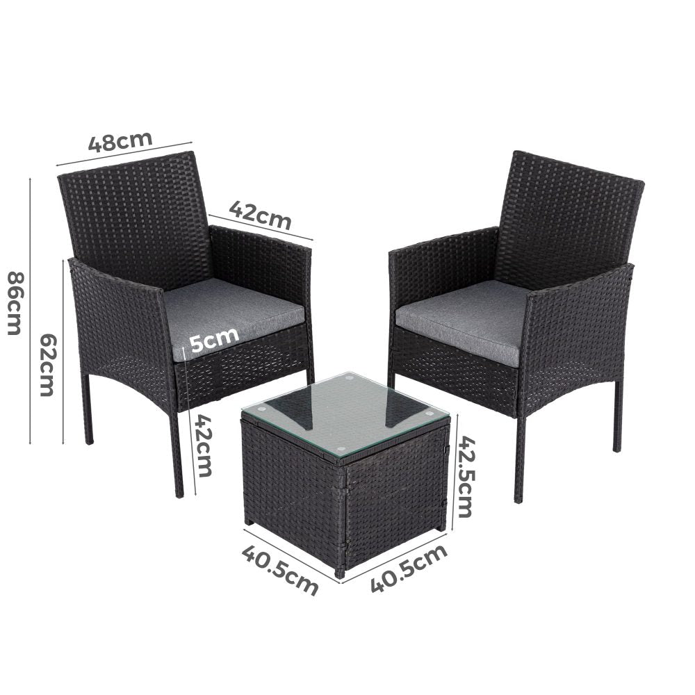 3 Pc Rattan Outdoor Furniture Set with Table - Black - Cosy Abode