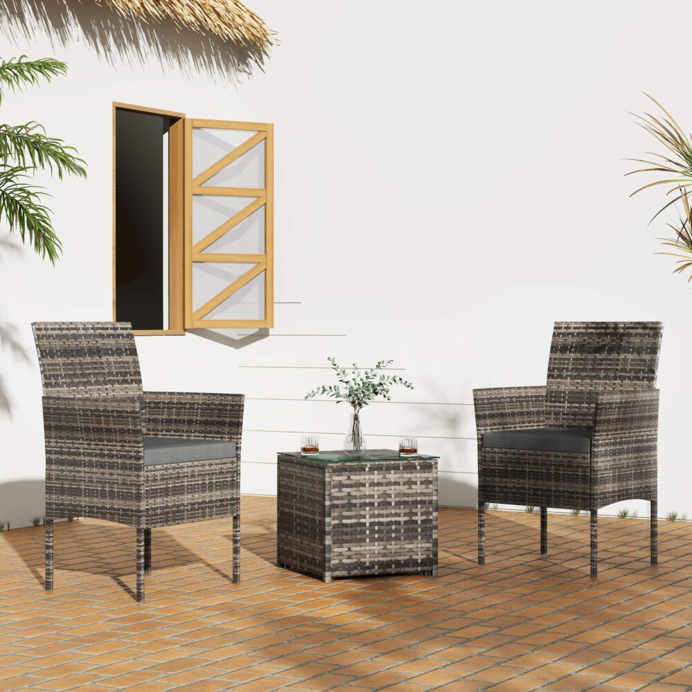 3 Pc Rattan Outdoor Furniture Set with Table - Mixed Grey - Cosy Abode