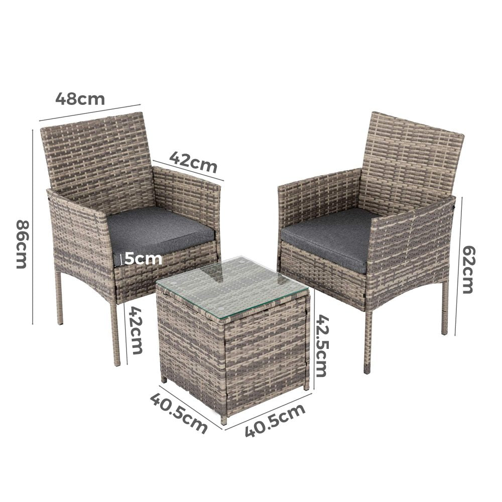 3 Pc Rattan Outdoor Furniture Set with Table - Mixed Grey - Cosy Abode