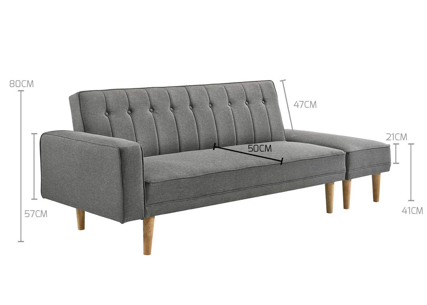 3 Seater Fabric Sofa Bed with Ottoman - Light Grey - Cosy Abode