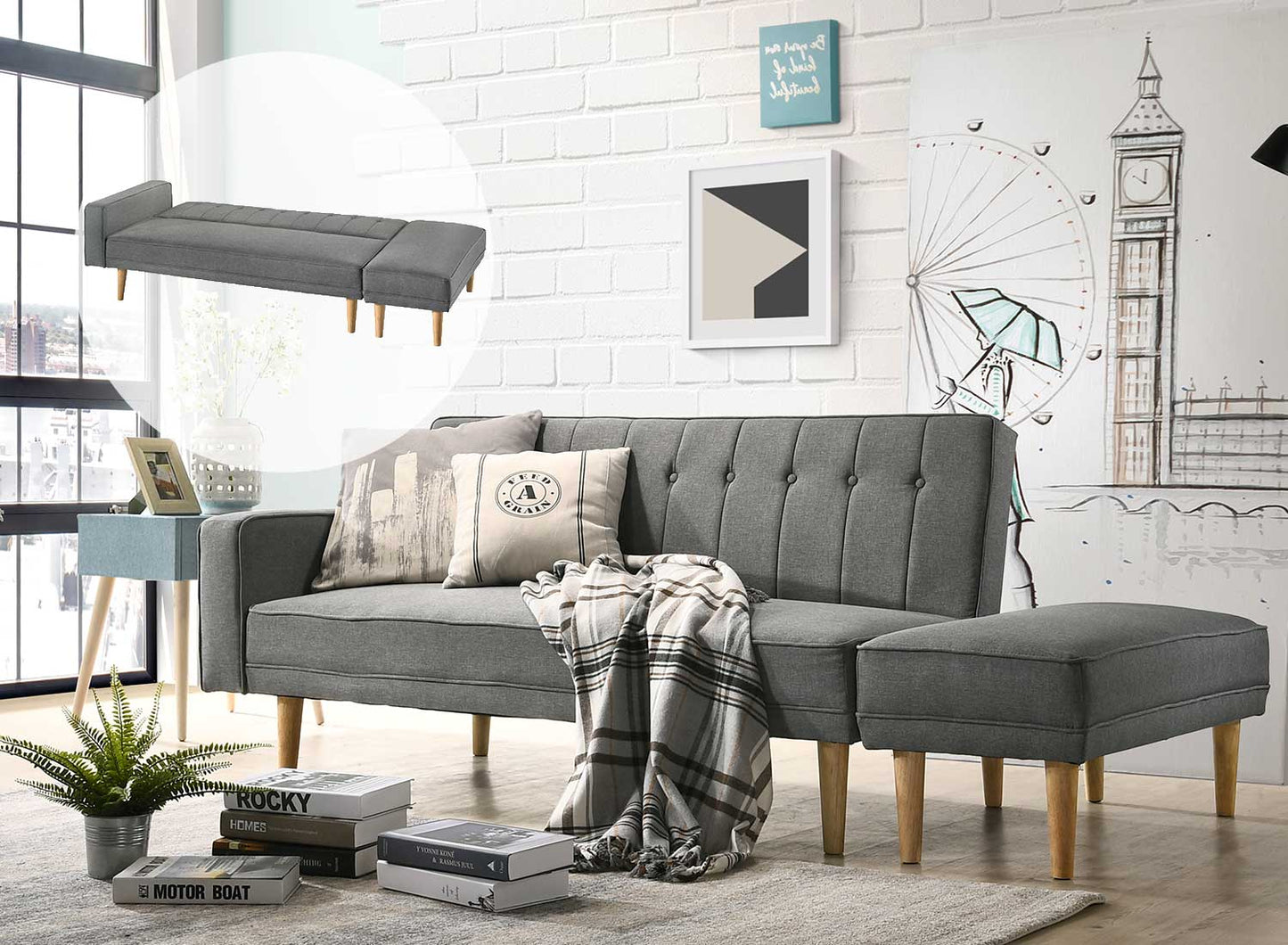3 Seater Fabric Sofa Bed with Ottoman - Light Grey - Cosy Abode