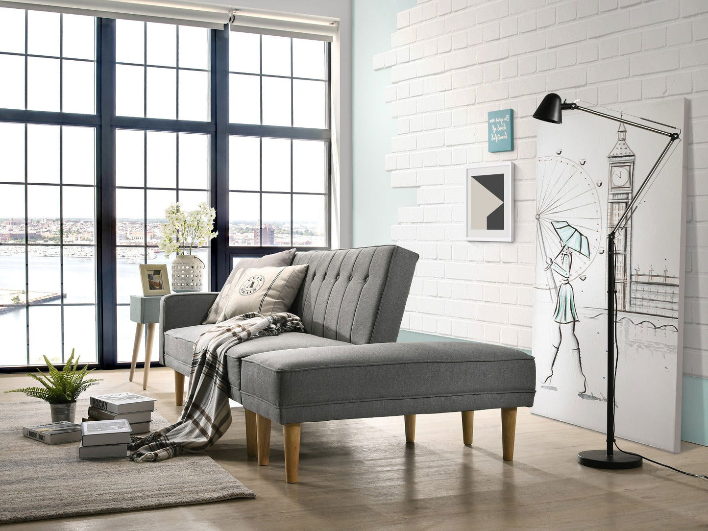 3 Seater Fabric Sofa Bed with Ottoman - Light Grey - Cosy Abode