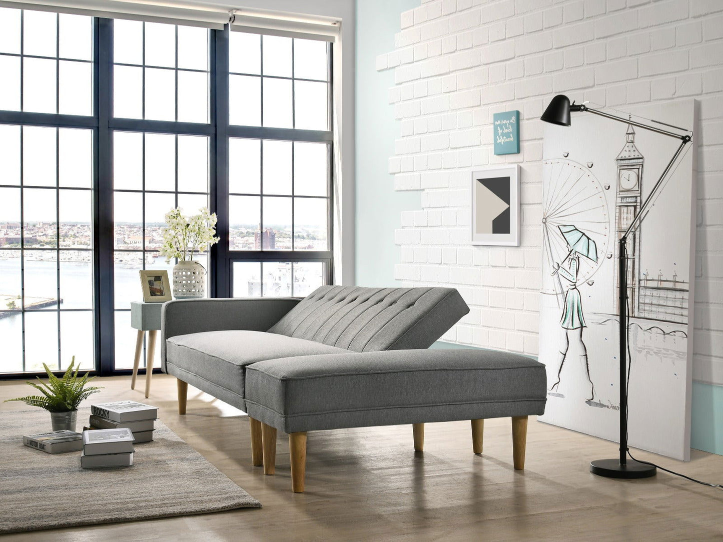 3 Seater Fabric Sofa Bed with Ottoman - Light Grey - Cosy Abode
