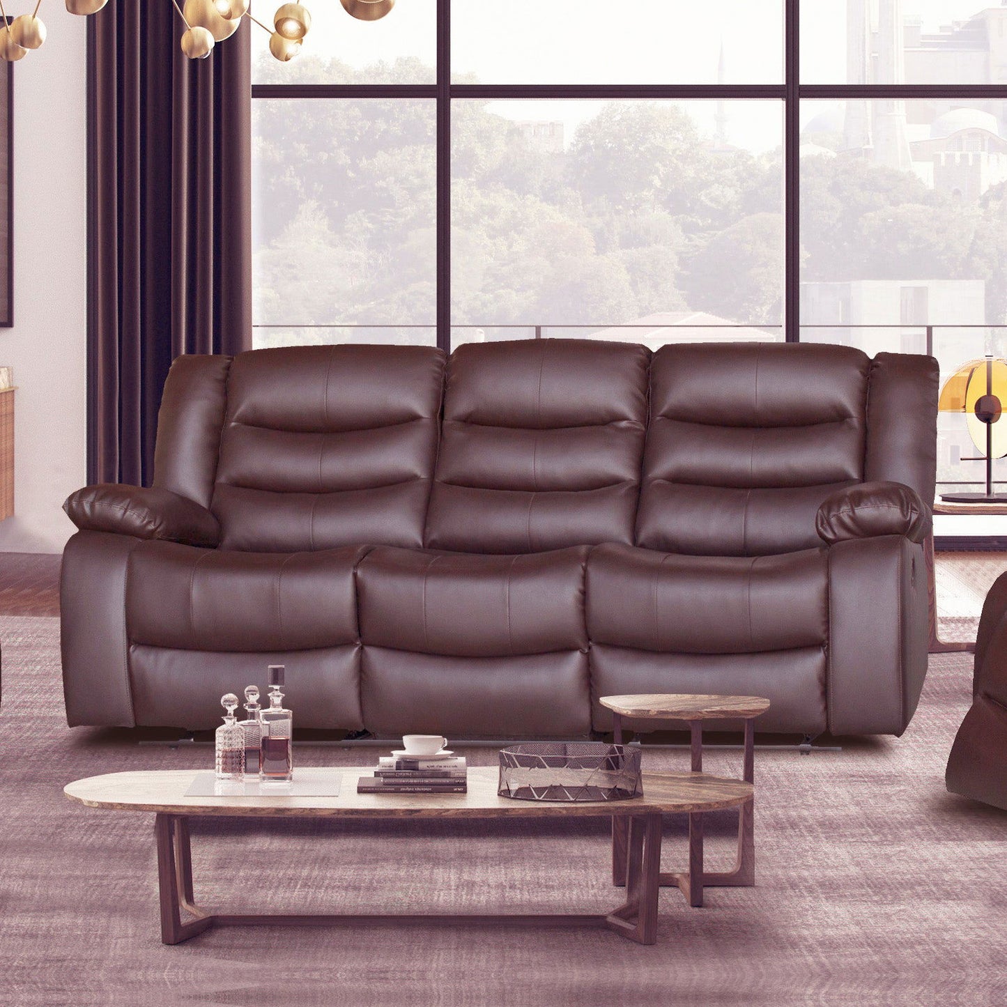 3 Seater Recliner Sofa In Faux Leather Lounge Couch in Brown - Cosy Abode