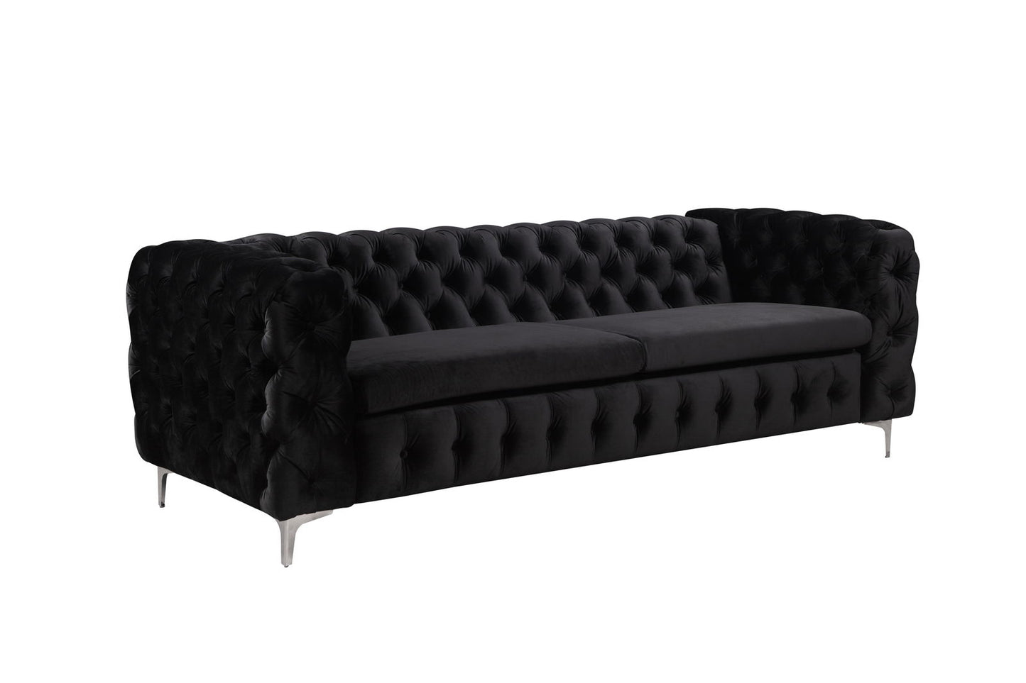 3 Seater Sofa Classic Button Tufted Lounge in Black Velvet Fabric with Metal Legs - Cosy Abode