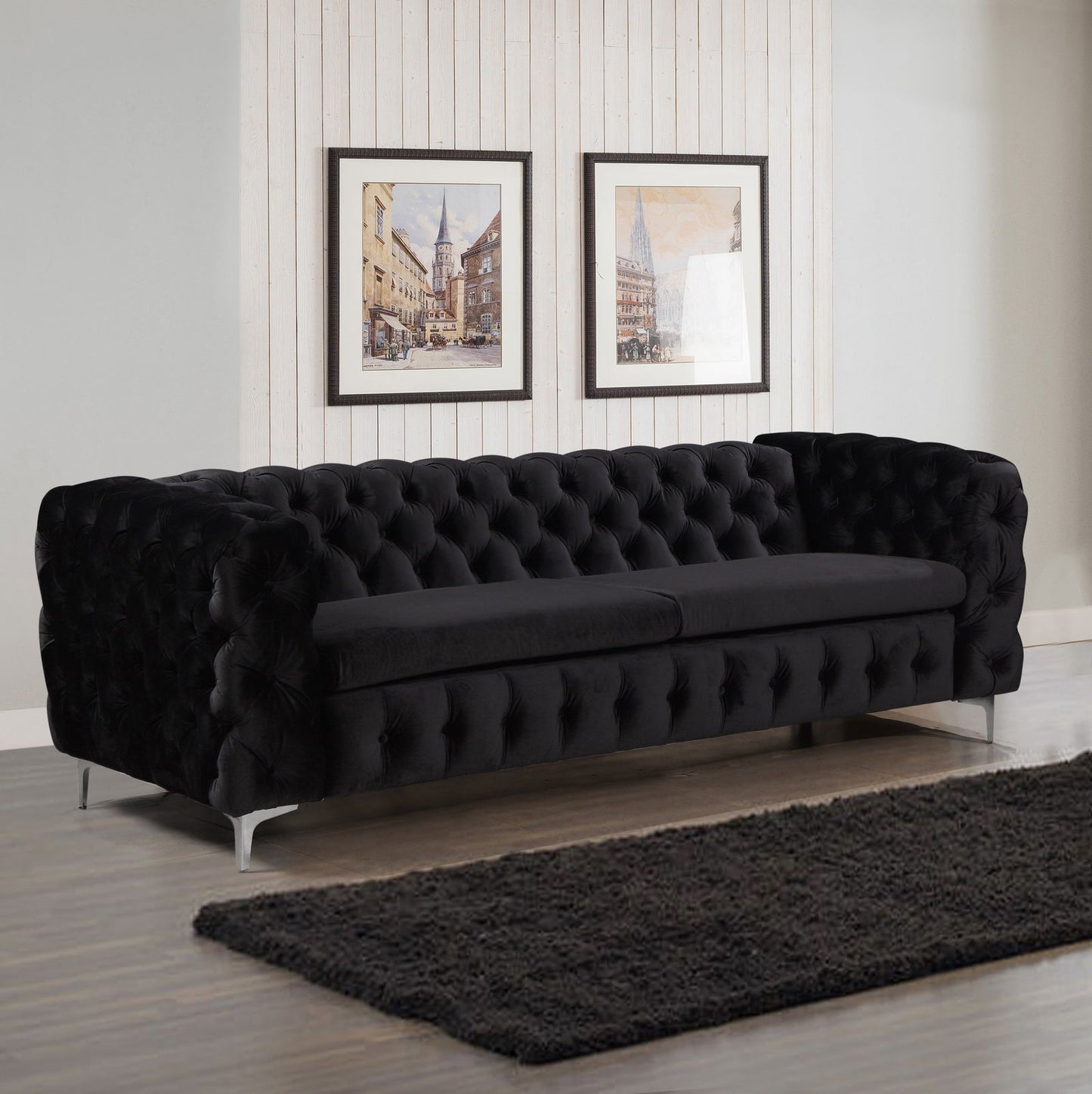 3 Seater Sofa Classic Button Tufted Lounge in Black Velvet Fabric with Metal Legs - Cosy Abode
