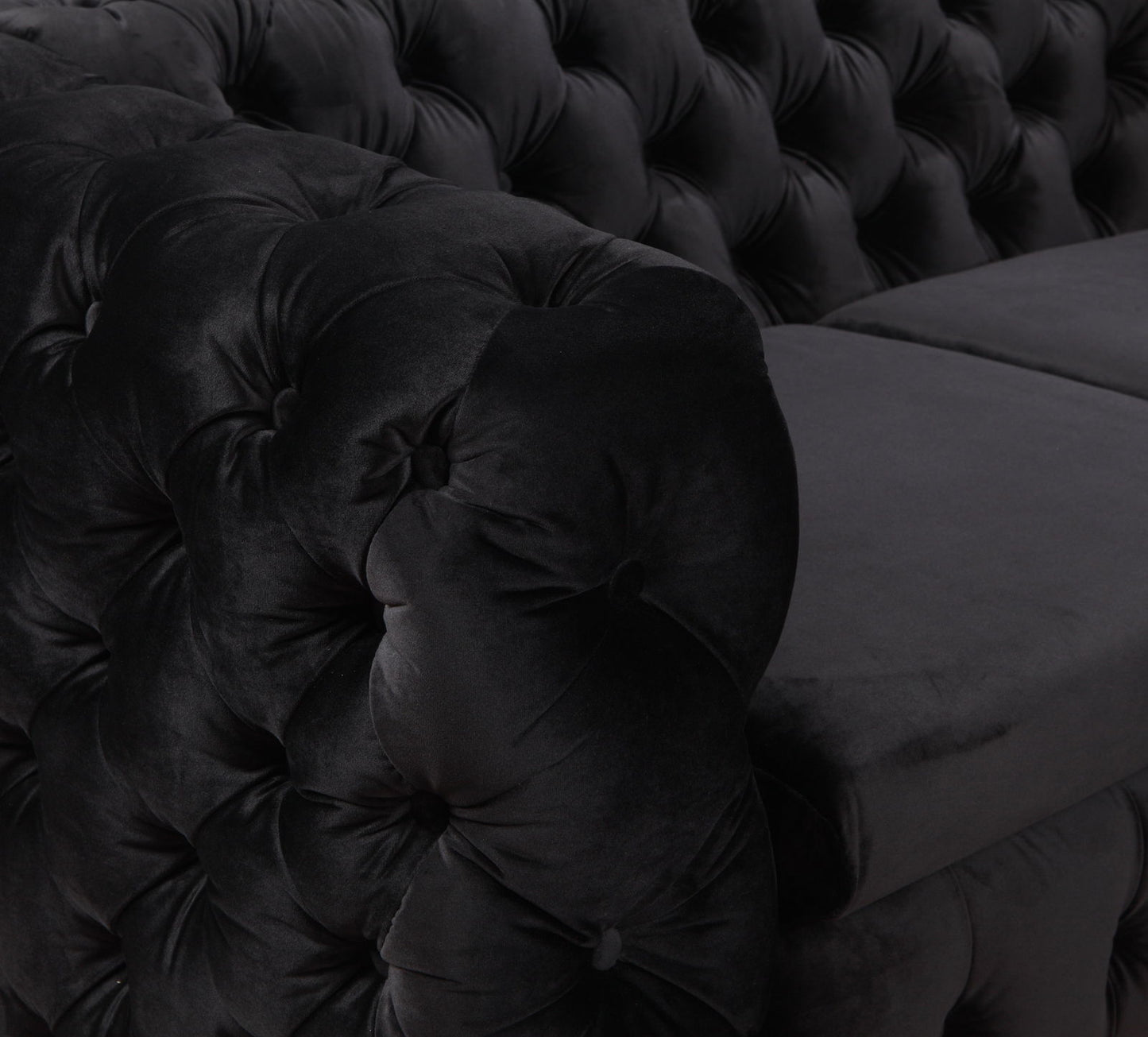 3 Seater Sofa Classic Button Tufted Lounge in Black Velvet Fabric with Metal Legs - Cosy Abode