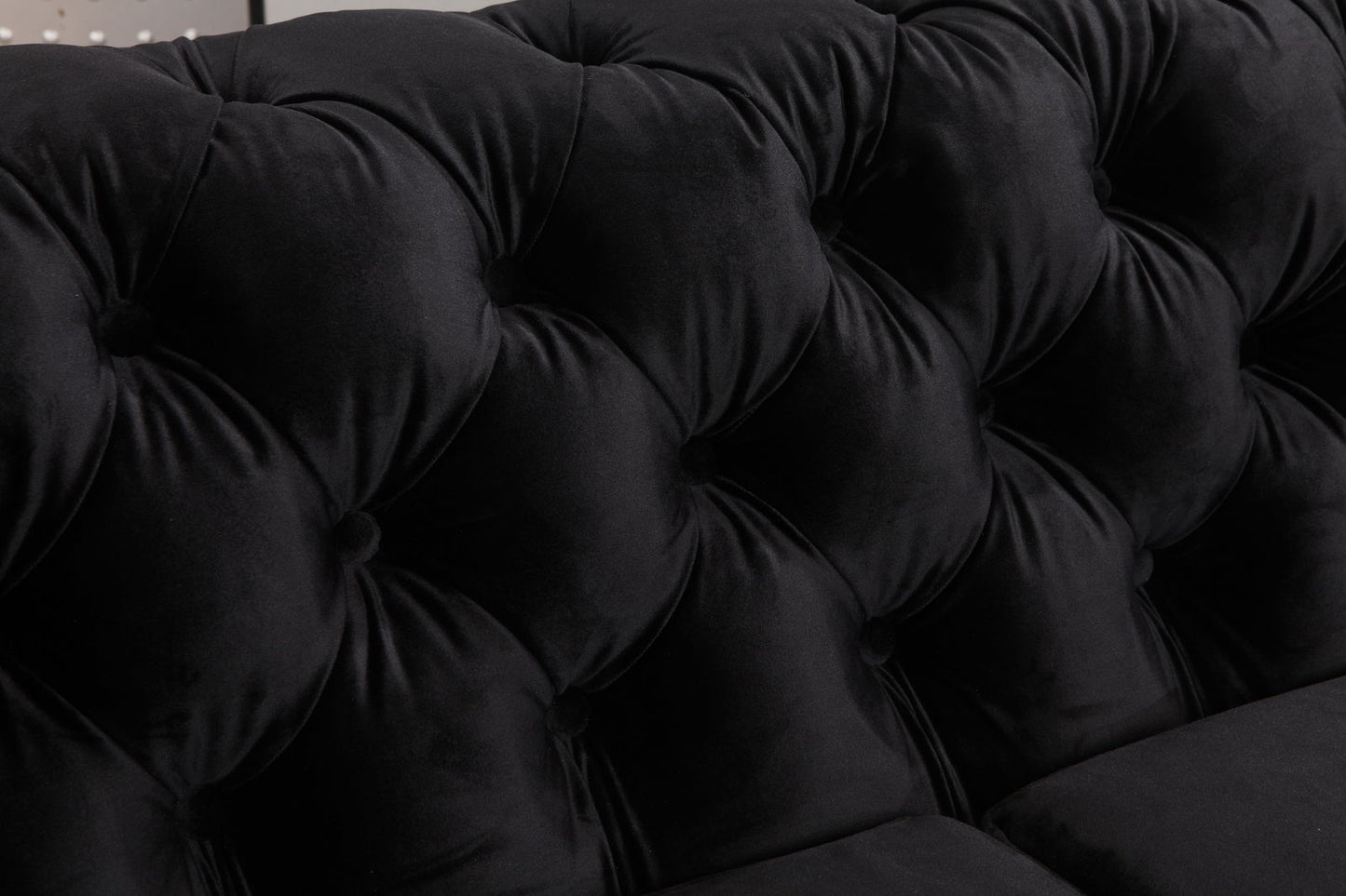 3 Seater Sofa Classic Button Tufted Lounge in Black Velvet Fabric with Metal Legs - Cosy Abode