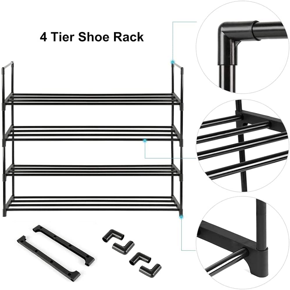 4-Tier Stainless Steel Shoe Rack Storage Organizer to Hold up to 20 Pairs of Shoes (80cm, Black) - Cosy Abode