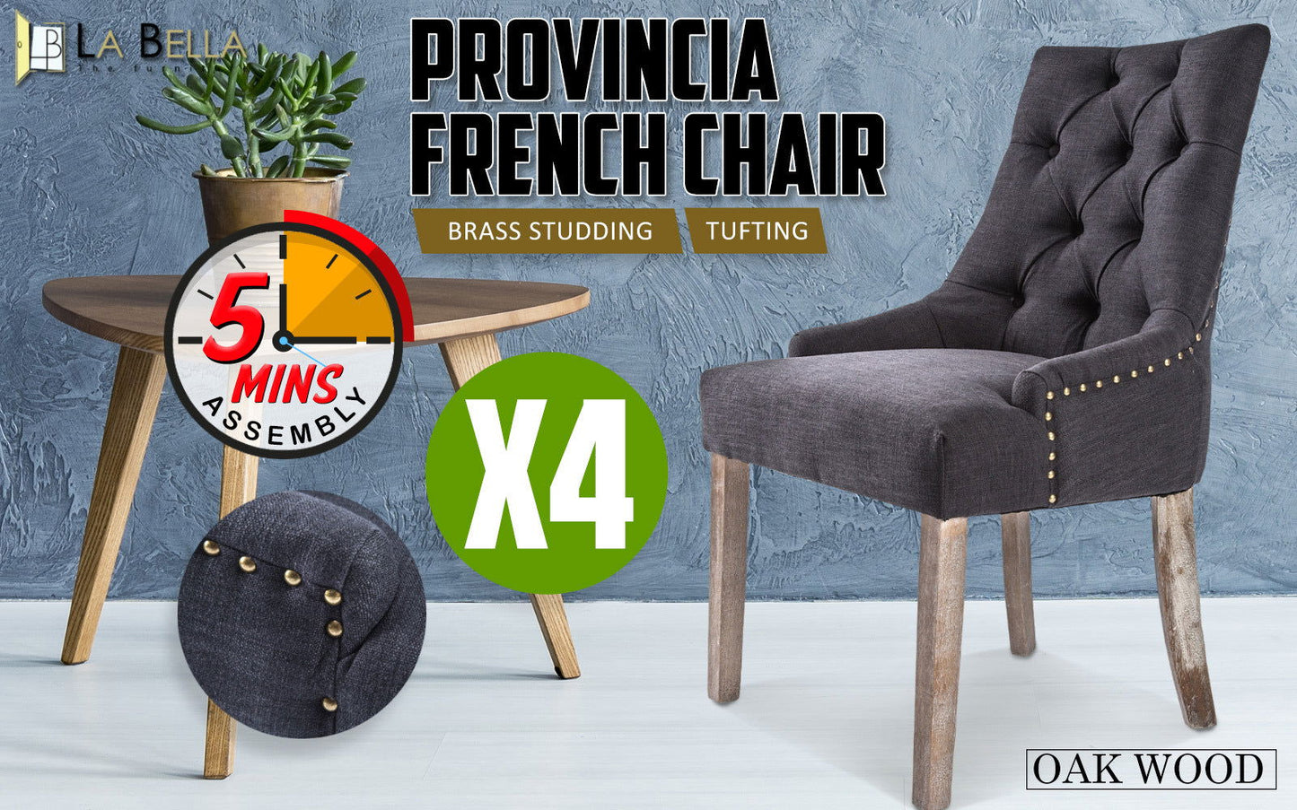 4X French Provincial Dining Chair Oak Leg AMOUR BLACK - Cosy Abode