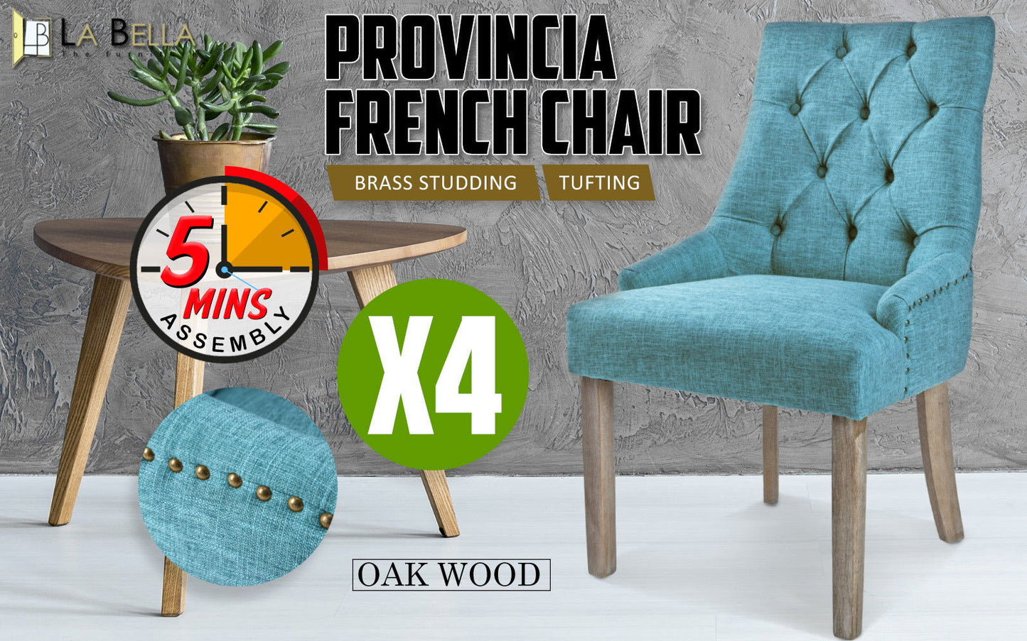 4X French Provincial Dining Chair Oak Leg AMOUR BLUE - Cosy Abode