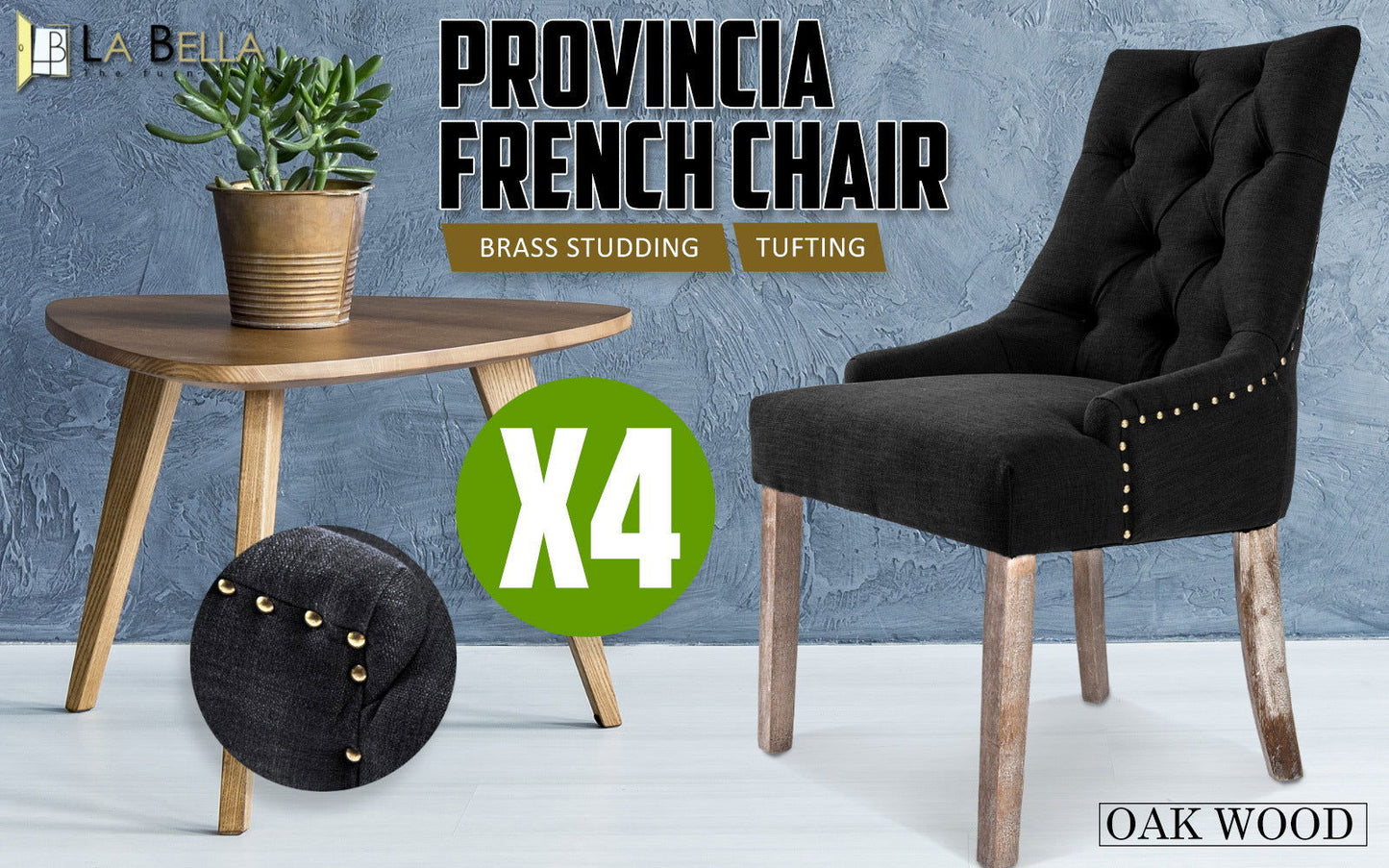 4X French Provincial Dining Chair Oak Leg AMOUR DARK BLACK - Cosy Abode