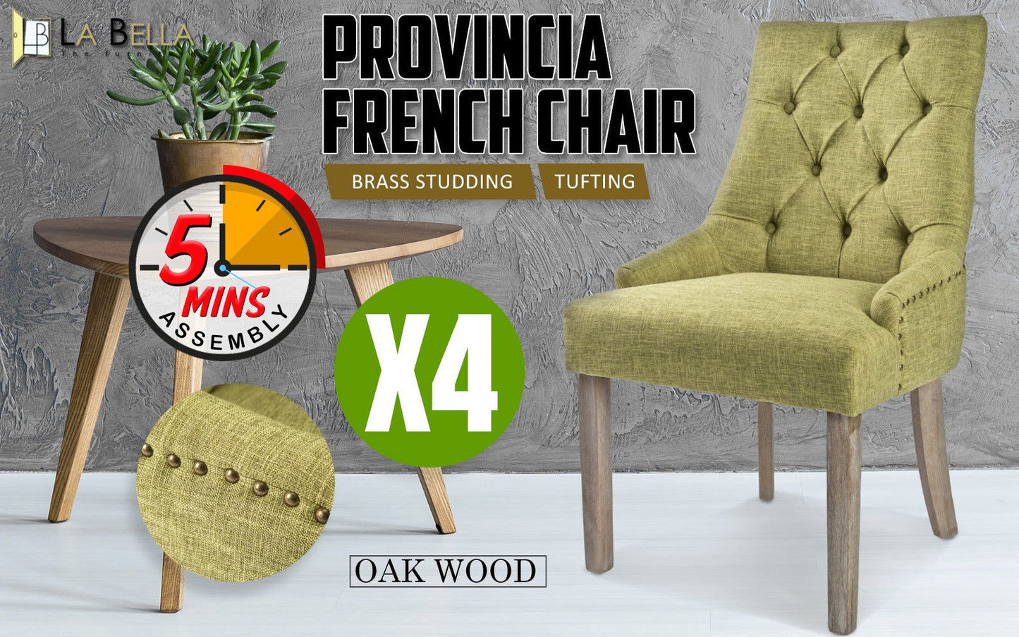 4X French Provincial Dining Chair Oak Leg AMOUR GREEN - Cosy Abode