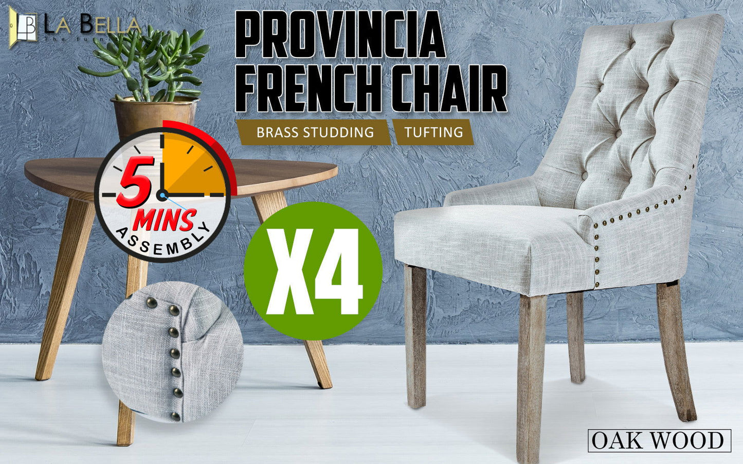 4X French Provincial Dining Chair Oak Leg AMOUR GREY - Cosy Abode
