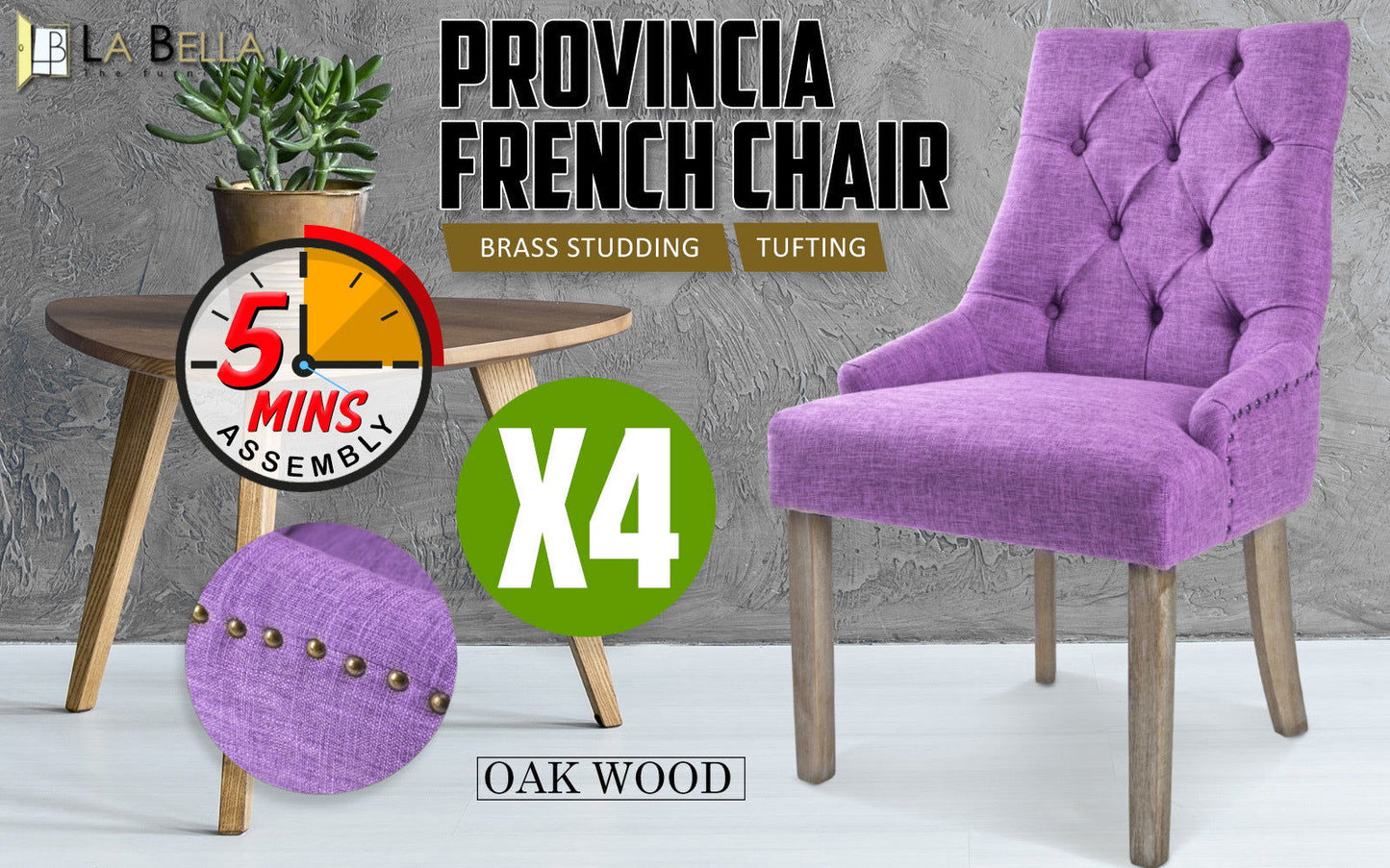 4X French Provincial Dining Chair Oak Leg AMOUR VIOLET - Cosy Abode