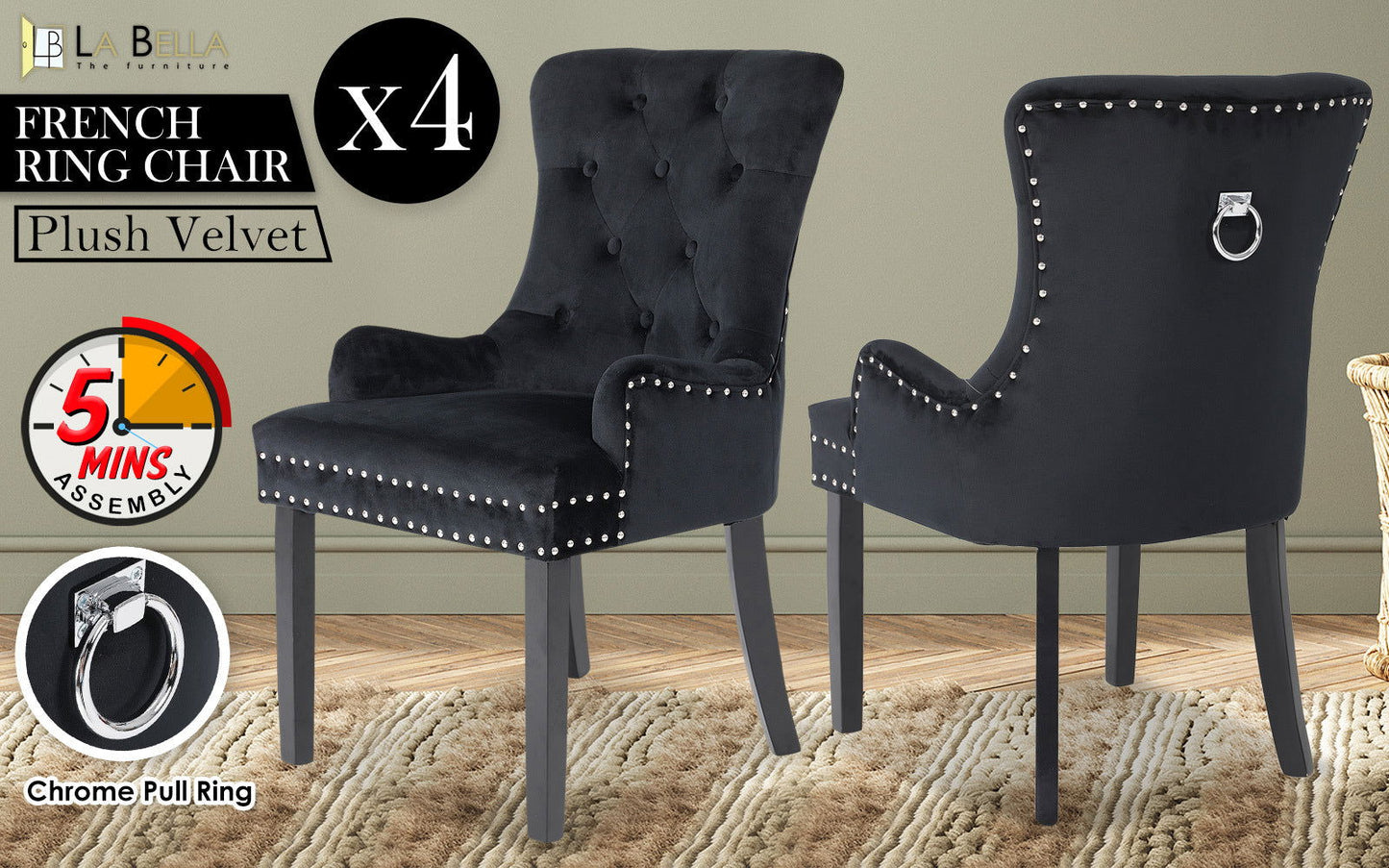 4X French Provincial Dining Chair Ring Studded Velvet Rubberwood Leg LISSE BLACK - Cosy Abode