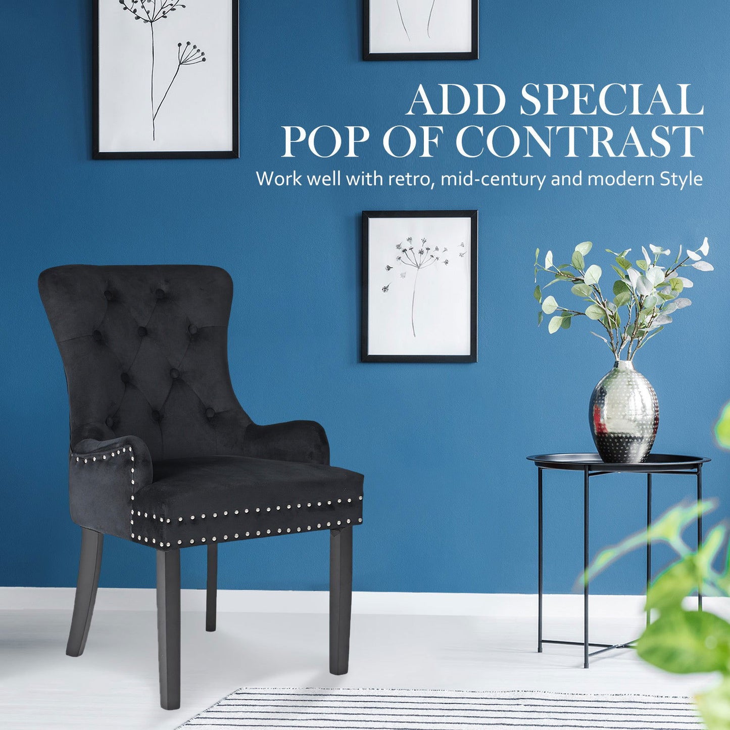 4X French Provincial Dining Chair Ring Studded Velvet Rubberwood Leg LISSE BLACK - Cosy Abode