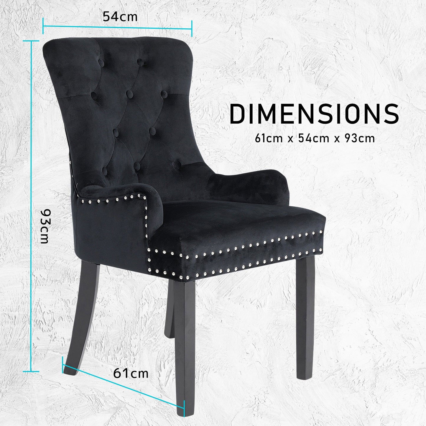 4X French Provincial Dining Chair Ring Studded Velvet Rubberwood Leg LISSE BLACK - Cosy Abode