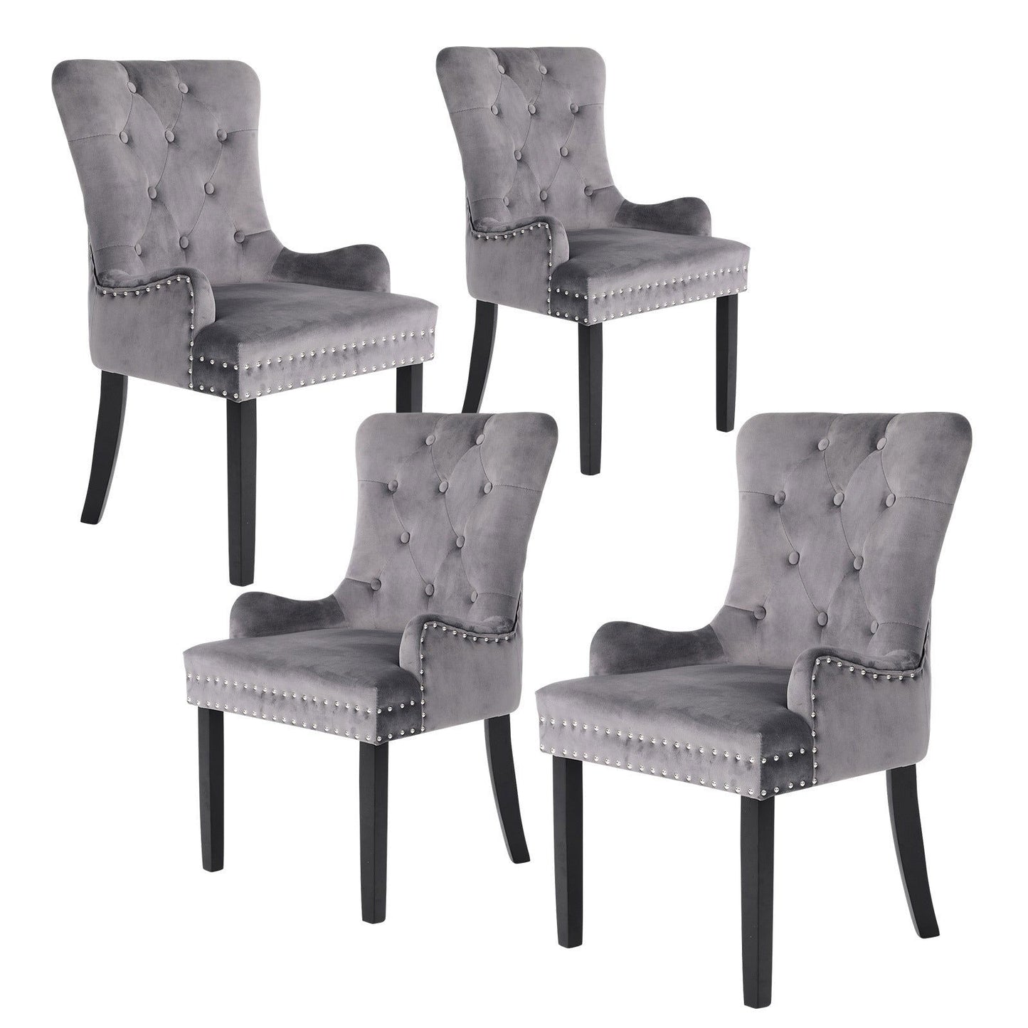 4X French Provincial Dining Chair Ring Studded Velvet Rubberwood Leg LISSE GREY - Cosy Abode