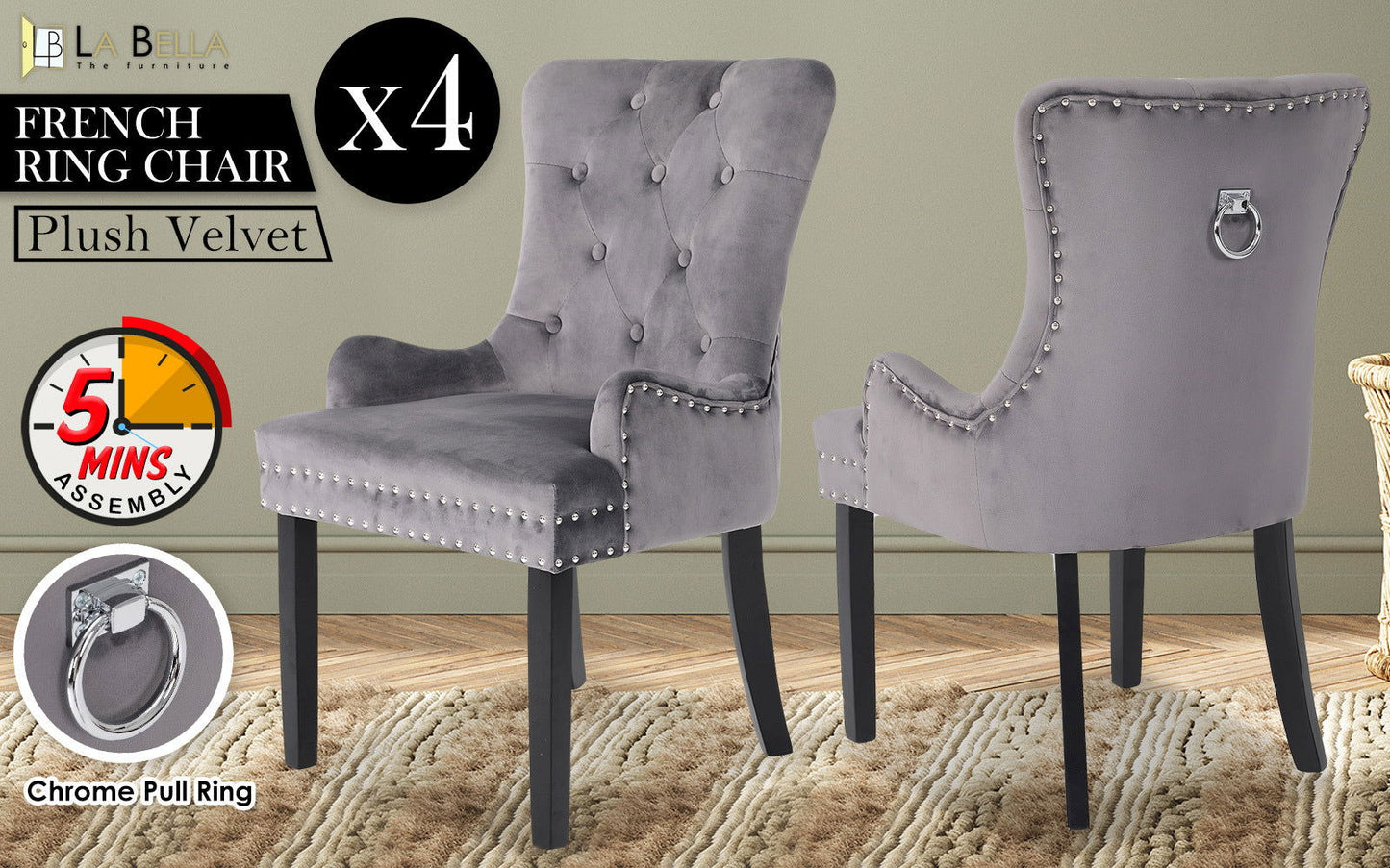 4X French Provincial Dining Chair Ring Studded Velvet Rubberwood Leg LISSE GREY - Cosy Abode