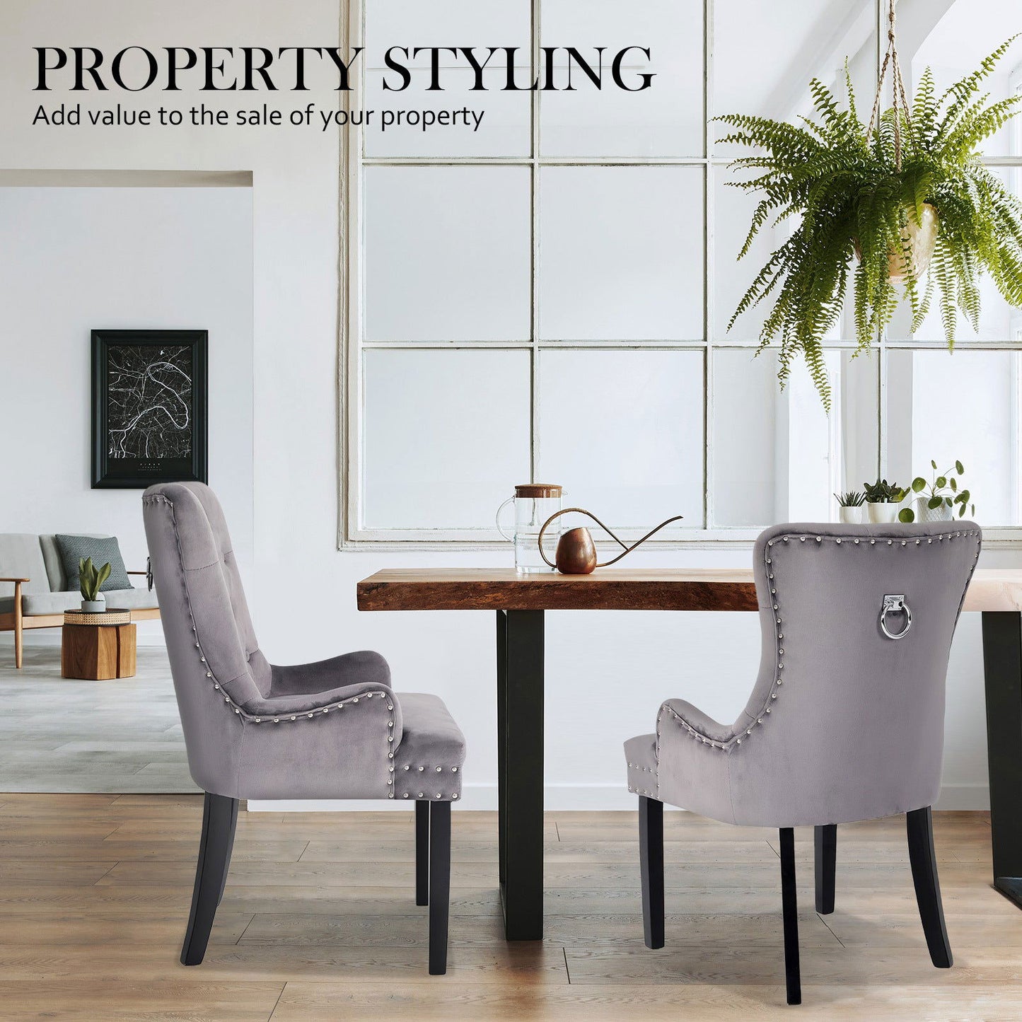 4X French Provincial Dining Chair Ring Studded Velvet Rubberwood Leg LISSE GREY - Cosy Abode