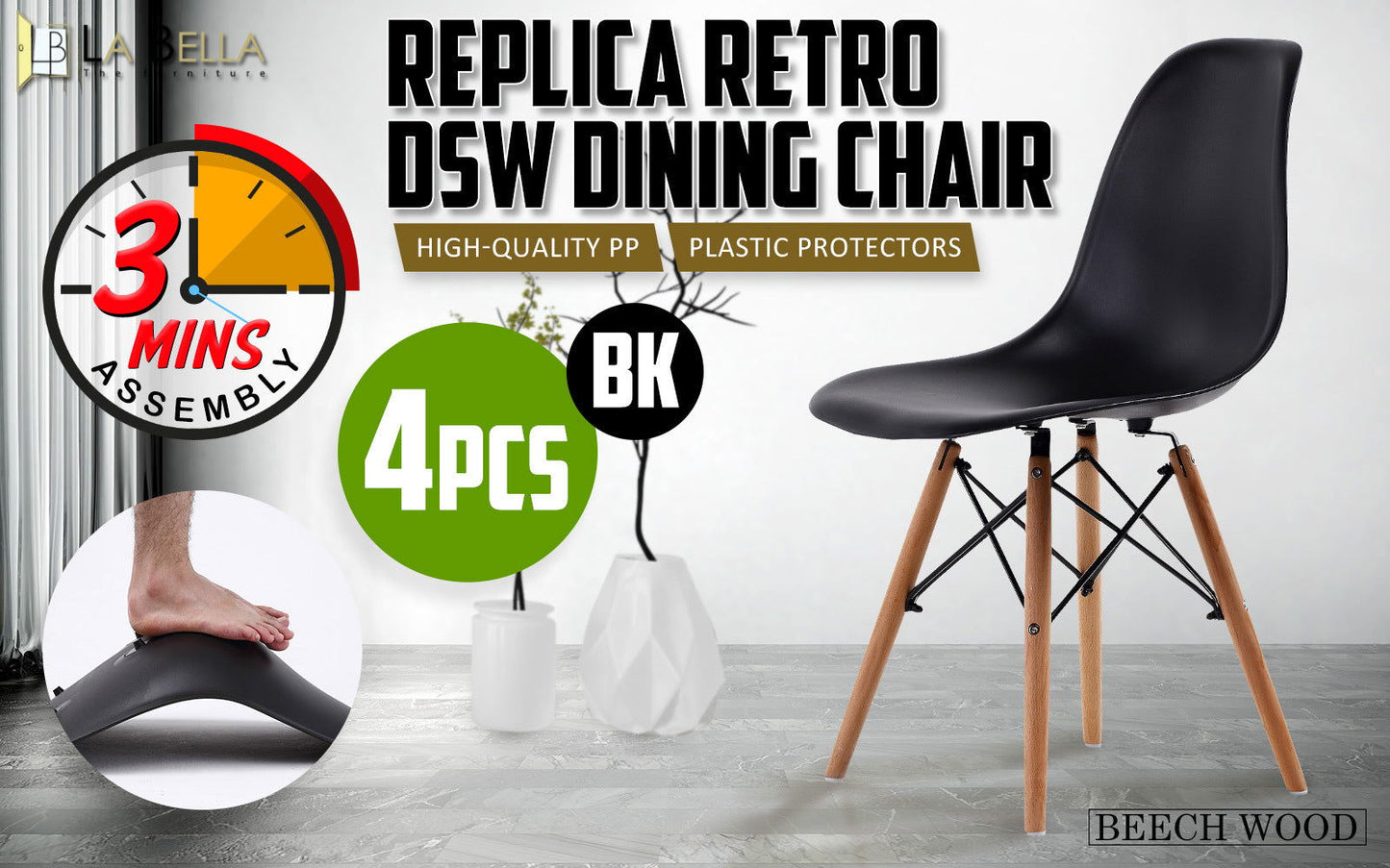 4X Retro Dining Cafe Chair DSW BLACK - Cosy Abode