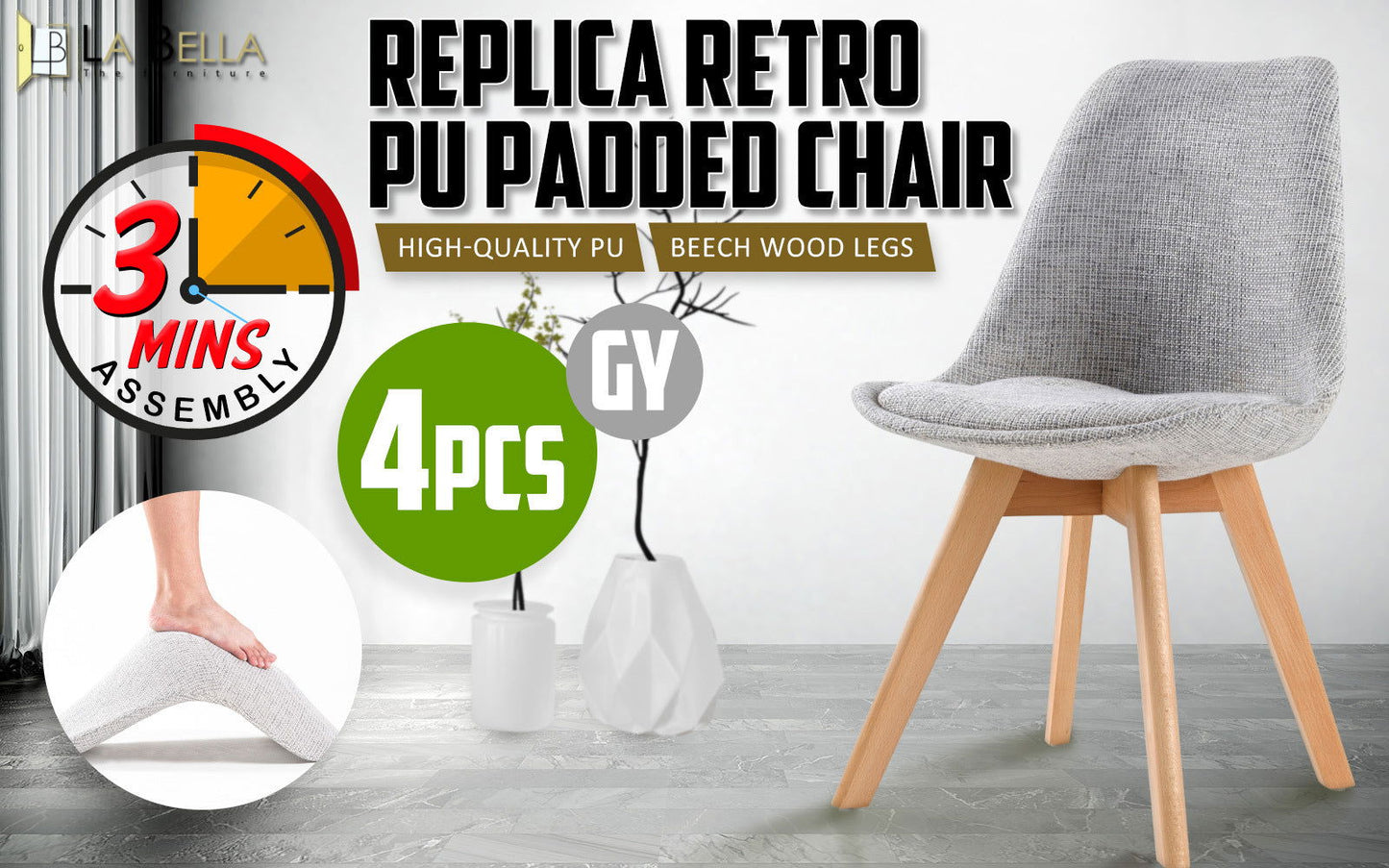 4X Retro Dining Cafe Chair Padded Seat GREY - Cosy Abode