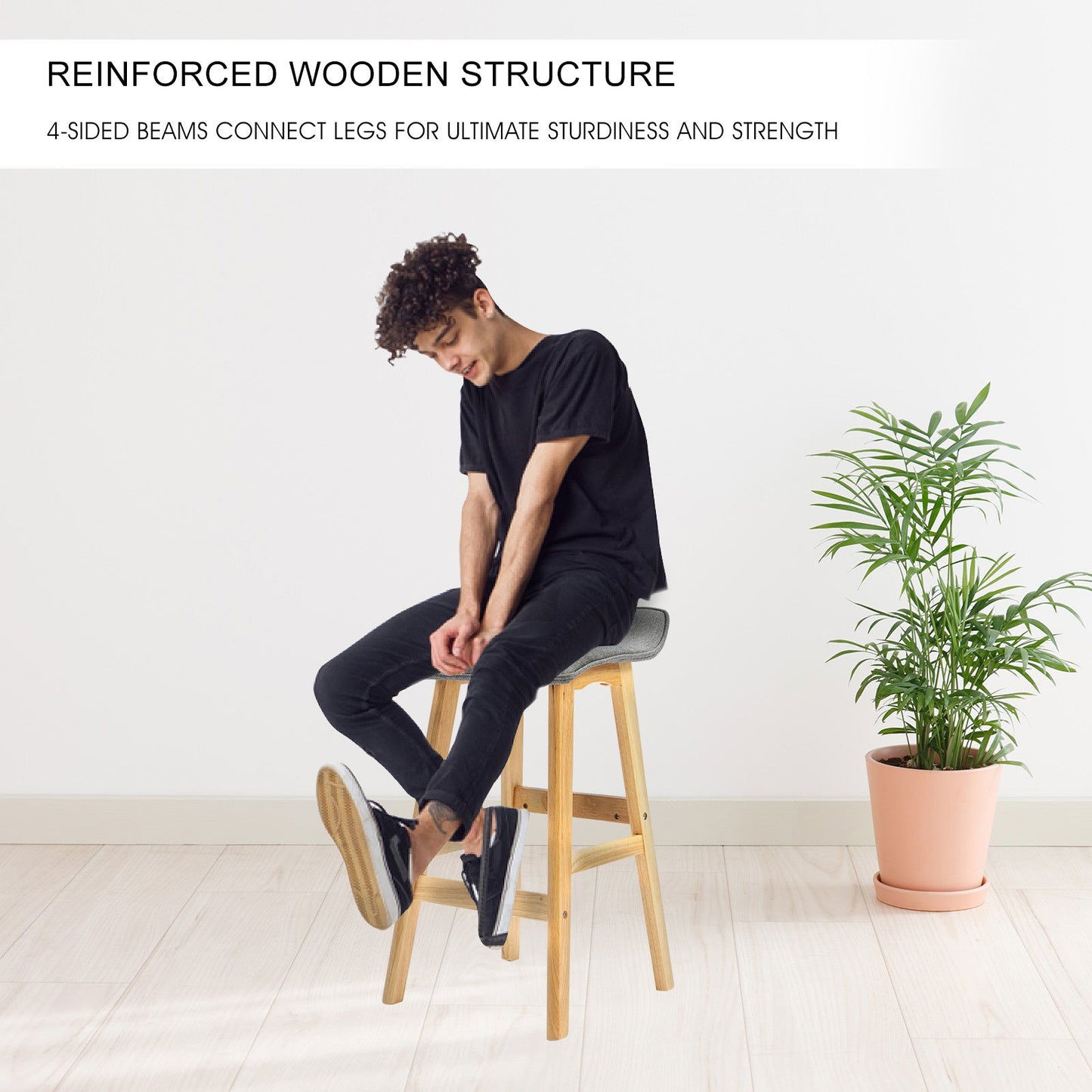 4X Wooden Bar Stool Dining Chair Fabric DARA 65cm GREY - Cosy Abode